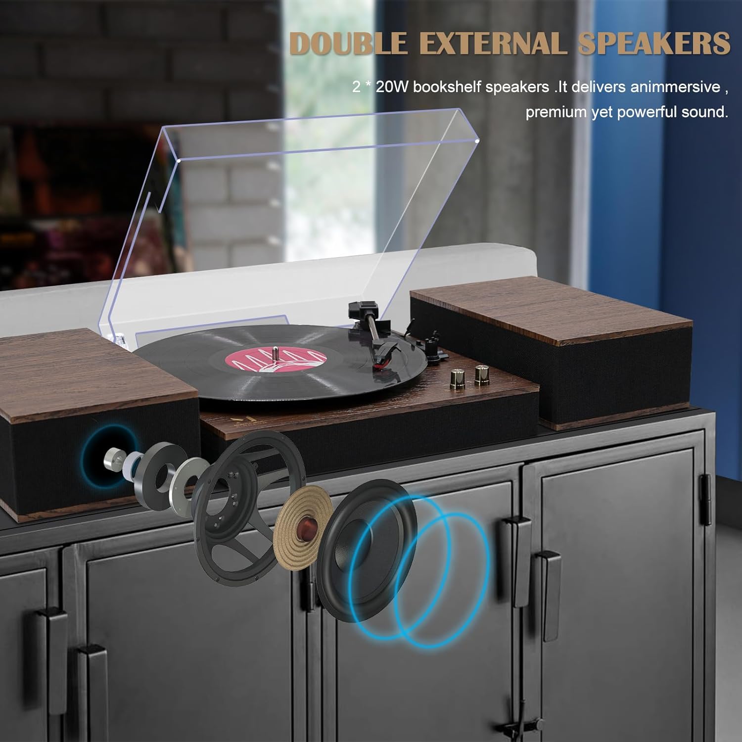 MPK – Tocadiscos Bluetooth, sistema de alta fidelidad con altavoces de estantería, tocadiscos de vinilo de 3 velocidades con transmisión por correa
