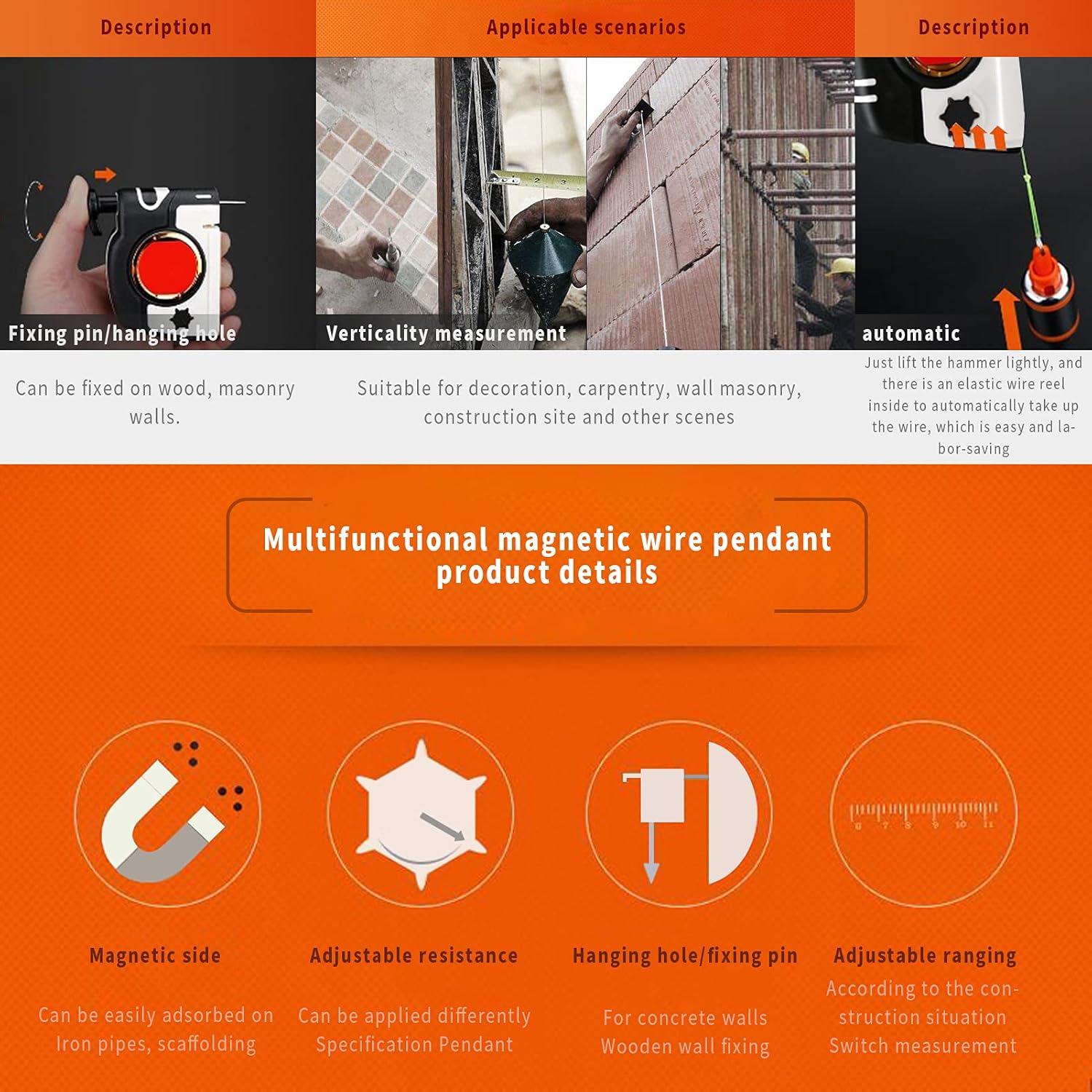 Plumb Bob Setter, Plumb Bob Setter magnético Plumb-Rite con cable de retroceso automático de 14.8 ft Bob estabilizador rápido