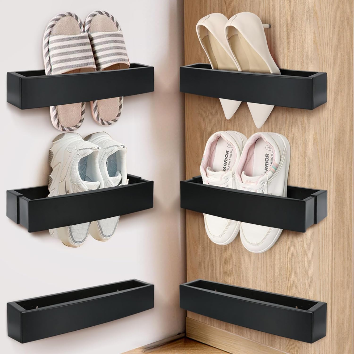 Paquete de 6 zapateros ajustables para montar en la pared, organizador de almacenamiento de zapatos de plástico, almacenamiento de RV, ganchos de
