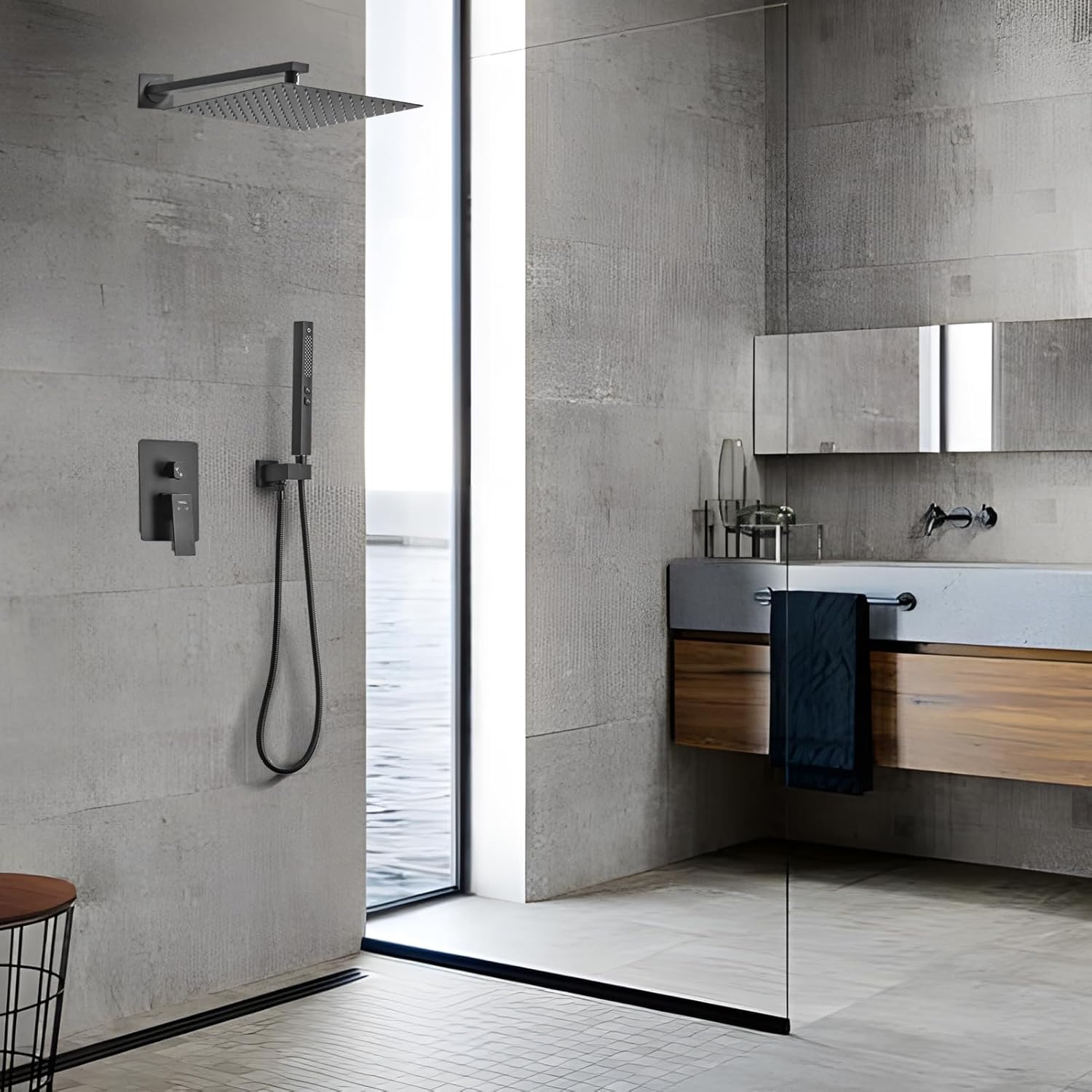 Sistema de ducha negro mate con cabezal de ducha cuadrado de 12 pulgadas y rociador de mano, juego combinado de accesorios de ducha de baño de alta