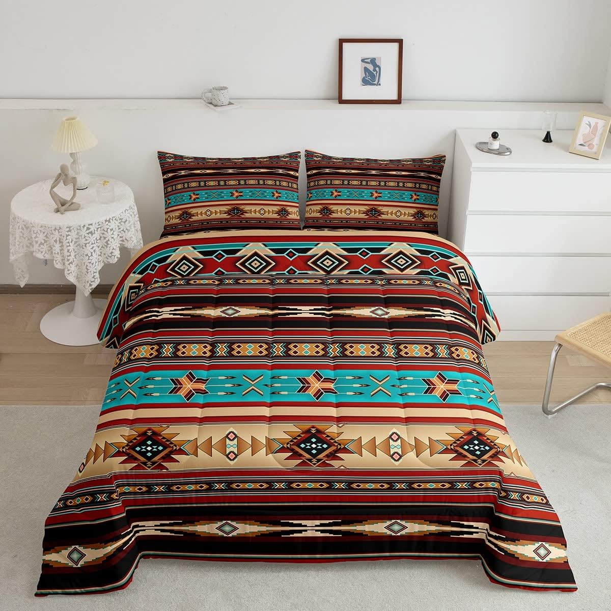 Juego de edredón azteca, étnico tribal étnico, juego de ropa de cama vintage del suroeste nativo bohemio, tamaño individual, relleno de edredón de