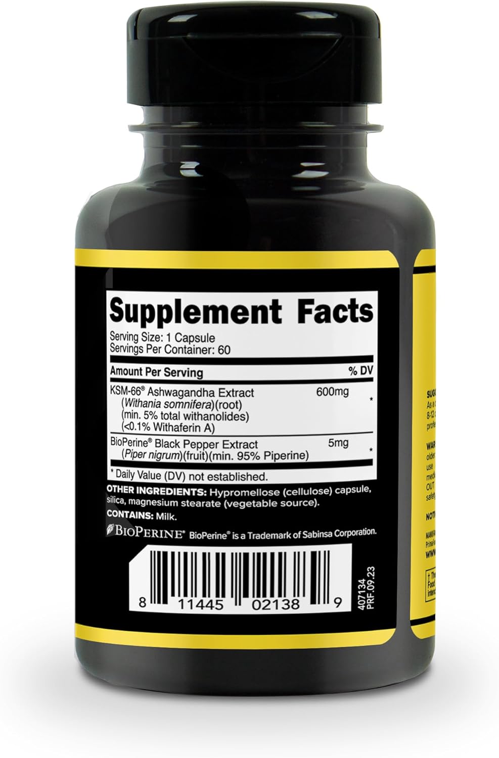 Primaforce KSM-66 Extracto de raíz de Ashwagandha (600 mg)  60 cápsulas vegetales  Withanólidos de alta potencia al 5% con BioPerine