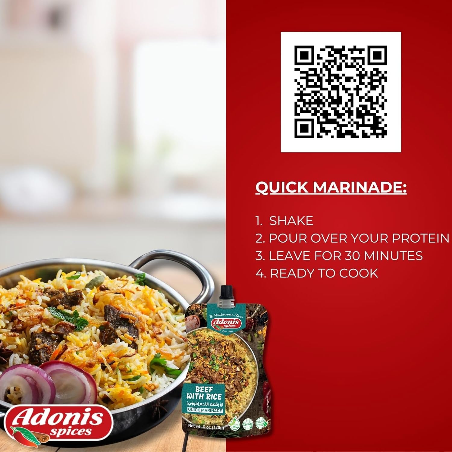 Adonis – Carne de res con adobo rápido de arroz, 6 oz (170 g), adobo de condimento líquido listo para usar
