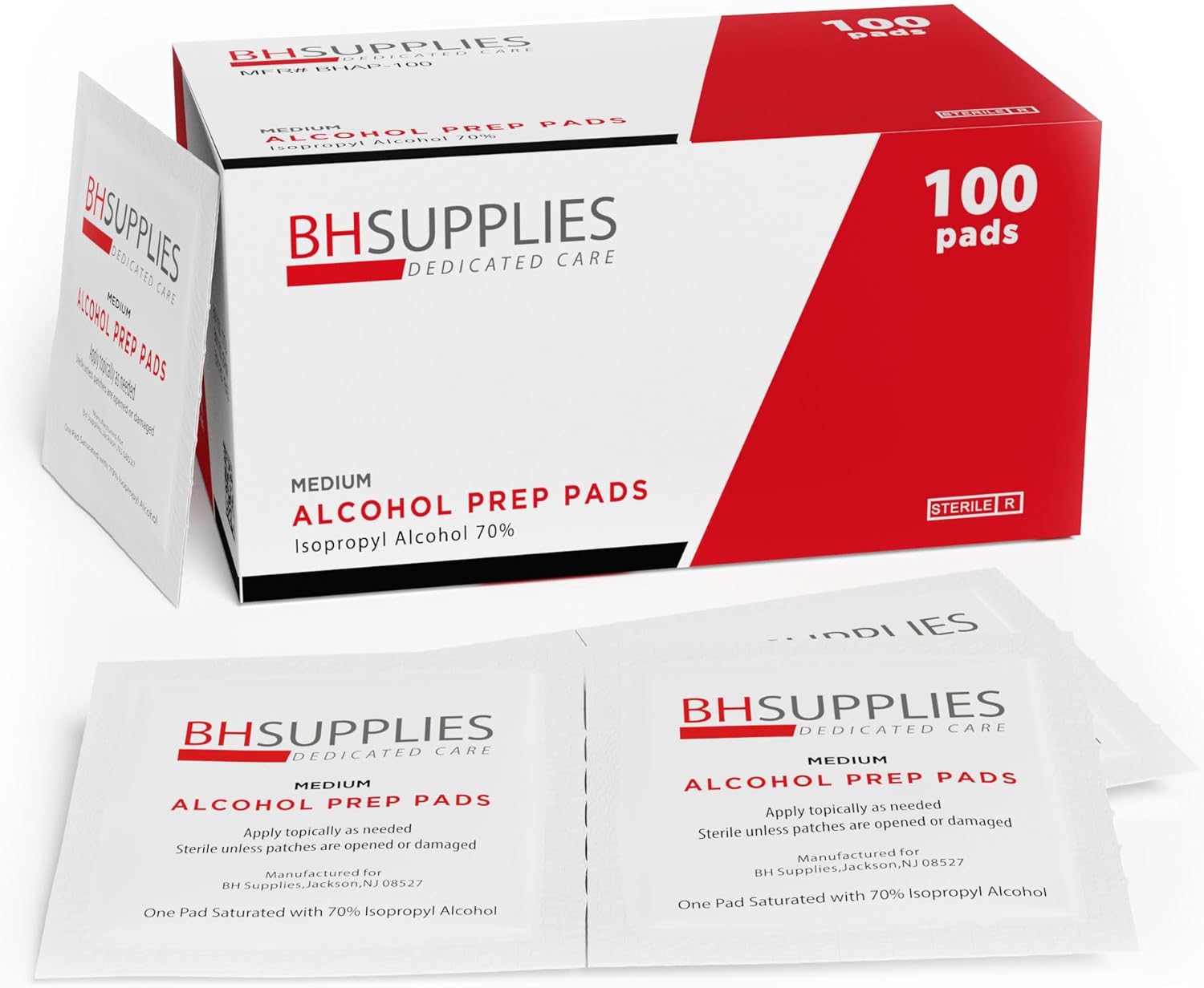 BH Supplies Almohadillas de preparación de alcohol  Grado médico, estériles, envueltas individualmente, 70% de alcohol isopropílico, mediano de 2