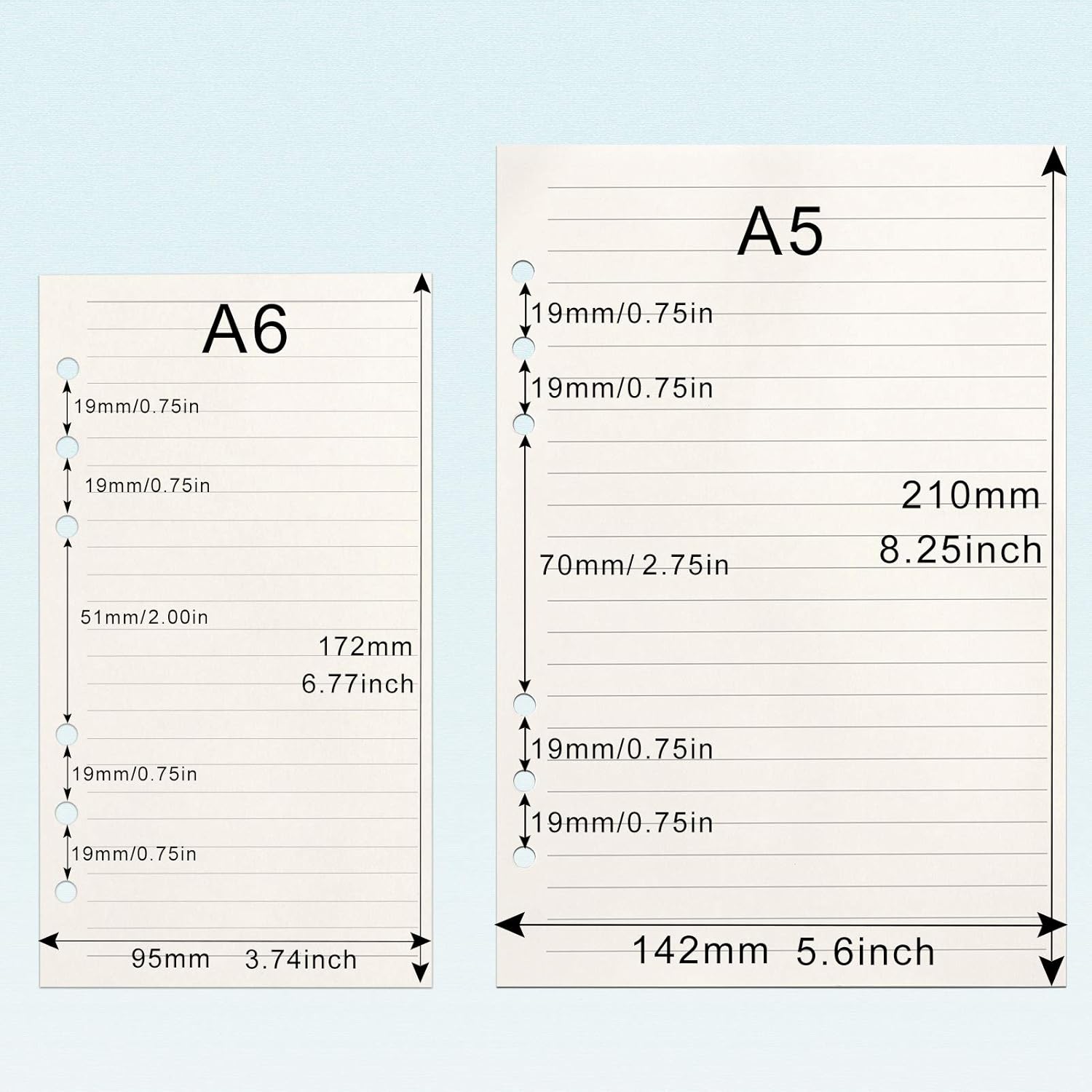 Papel de hojas sueltas A5 135 hojas 270 páginas, papel de repuesto A5 forrado, 6 insertos de carpeta de anillas, papel cuadriculado de relleno A5