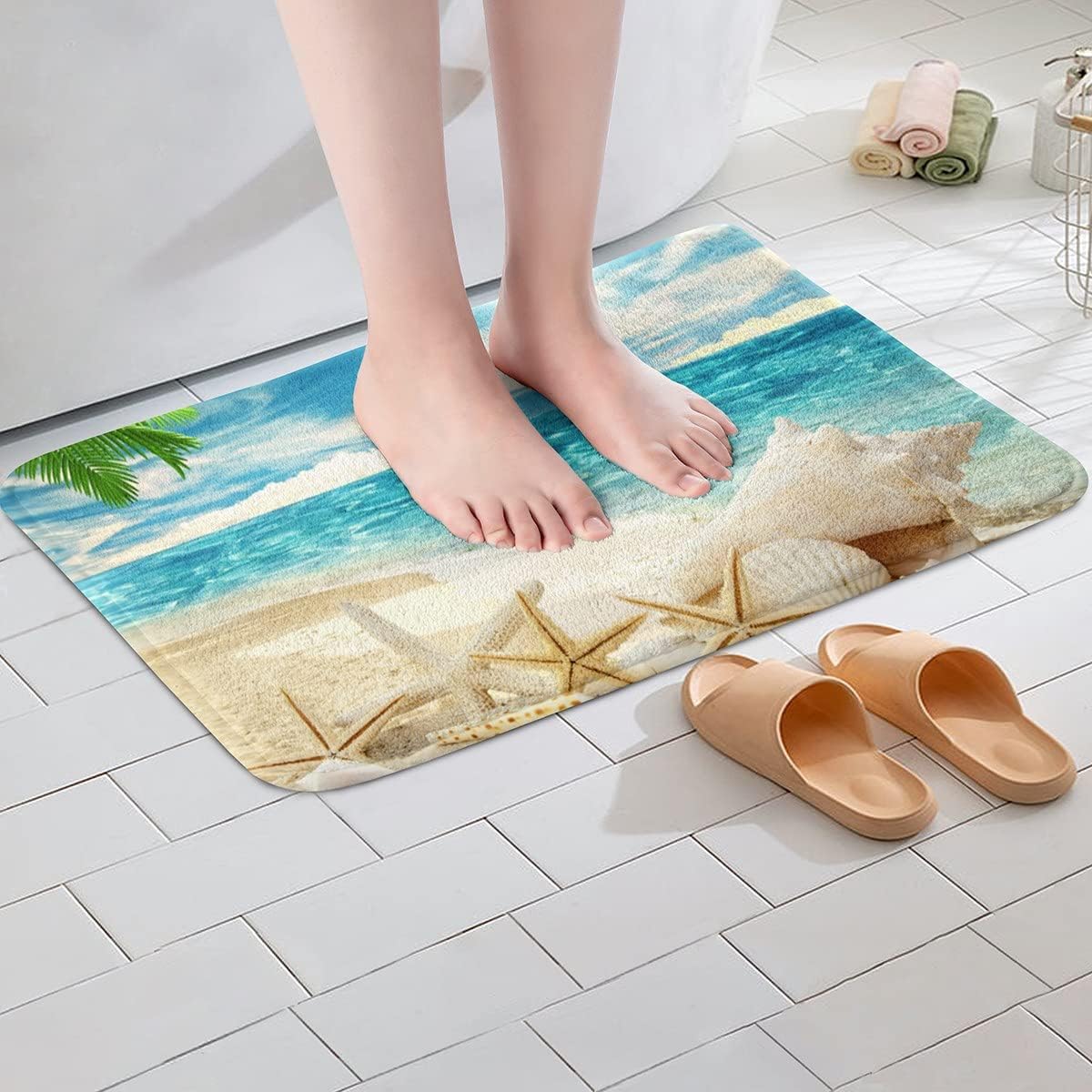 Erosebridal Alfombras de baño con temática de playa, alfombras de baño con estampado de conchas y estrellas de mar, 16 x 24 pulgadas, tapetes