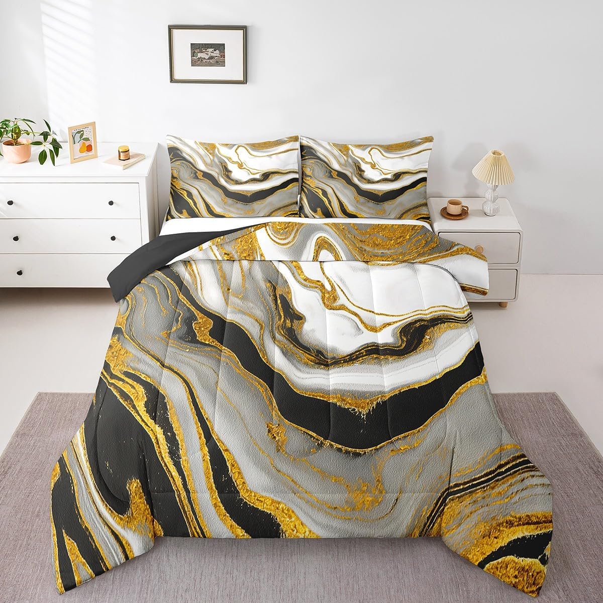 Erosebridal Juego de edredón abstracto tamaño Queen, juego de ropa de cama de acuarela negro y gris, juego de cama de mármol mármol con estampado