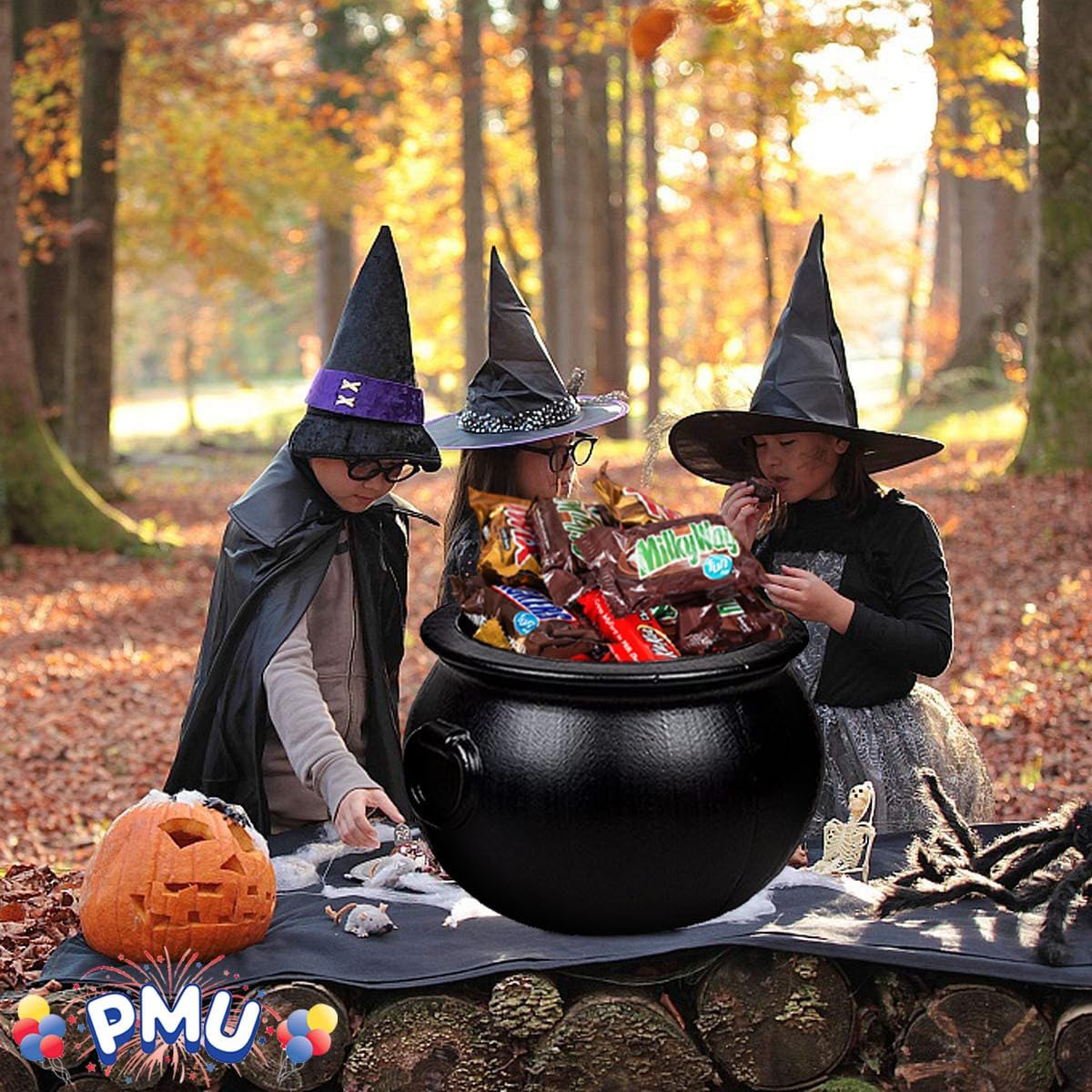 PMU Caldero de Halloween  Soporte de plástico negro para dulces de 22 pulgadas para niños, regalos y suministros de fiesta de Halloween (1paquete)