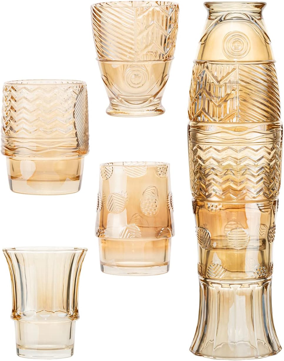 Vaso de vidrio de pescado de 9 onzas, juego de 4 vasos apilables para refrescos, jugos, té, leche, avena