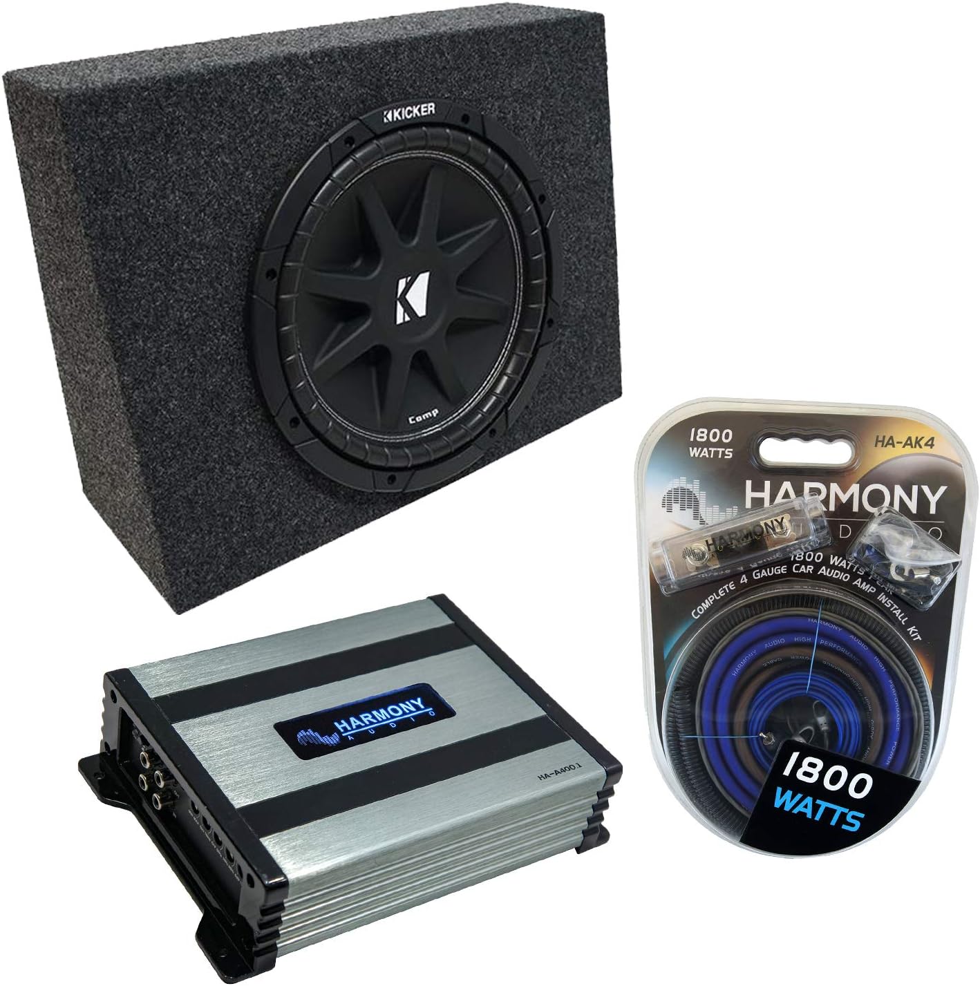 Harmony Audio Kicker Bundle compatible con cabina estándar universal C10 Comp Single 10″ cargado subcaja con amplificador Harmony HA-A400.1