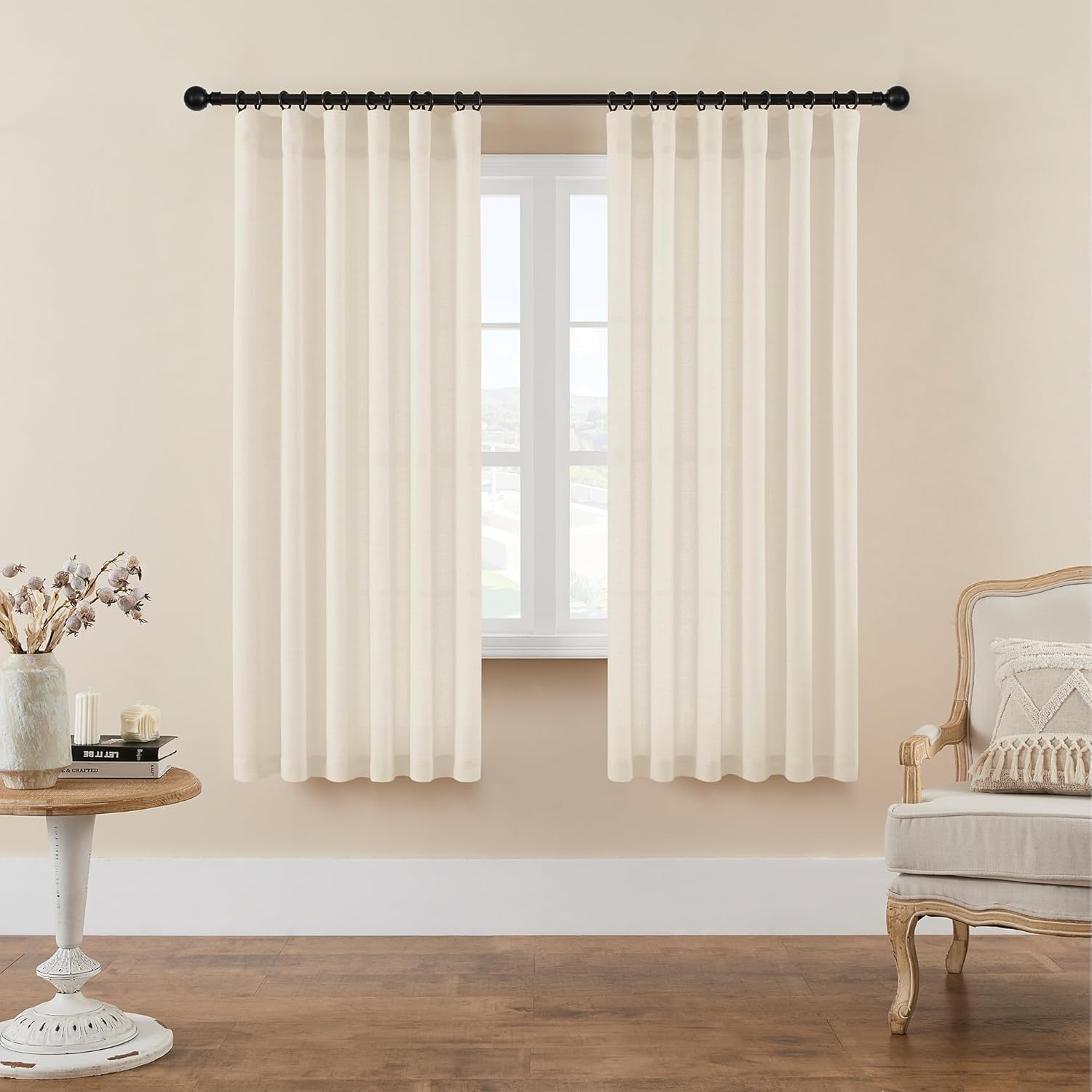 DUKIYO Cortinas de lino natural de 63 pulgadas de largo para dormitorio, cocina, lavandería, cinturón rústico con gancho para barra, cortinas