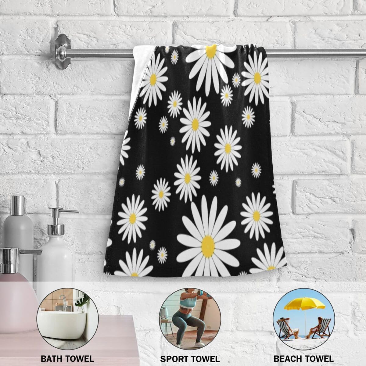 Juego de 2 toallas de mano de flores de margaritas para baño, lindo fondo negro, estampado floral, suave, pequeño, juego de toallas de baño