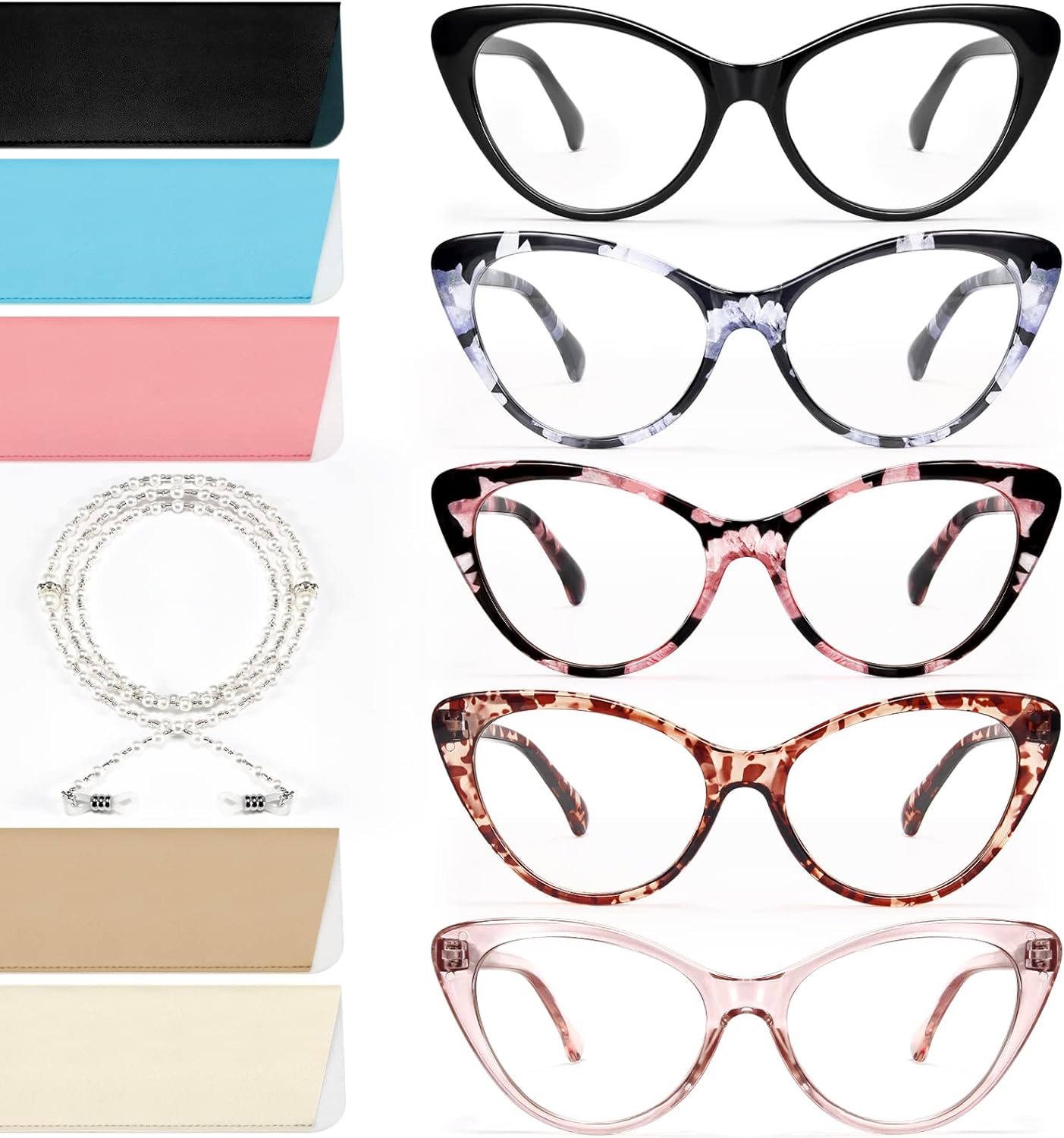 NOVIVON Gafas de lectura para mujer, paquete de 5, con bloqueo de luz azul, lentes vintage de ojo de gato, filtro antirreflejo, rayos UV