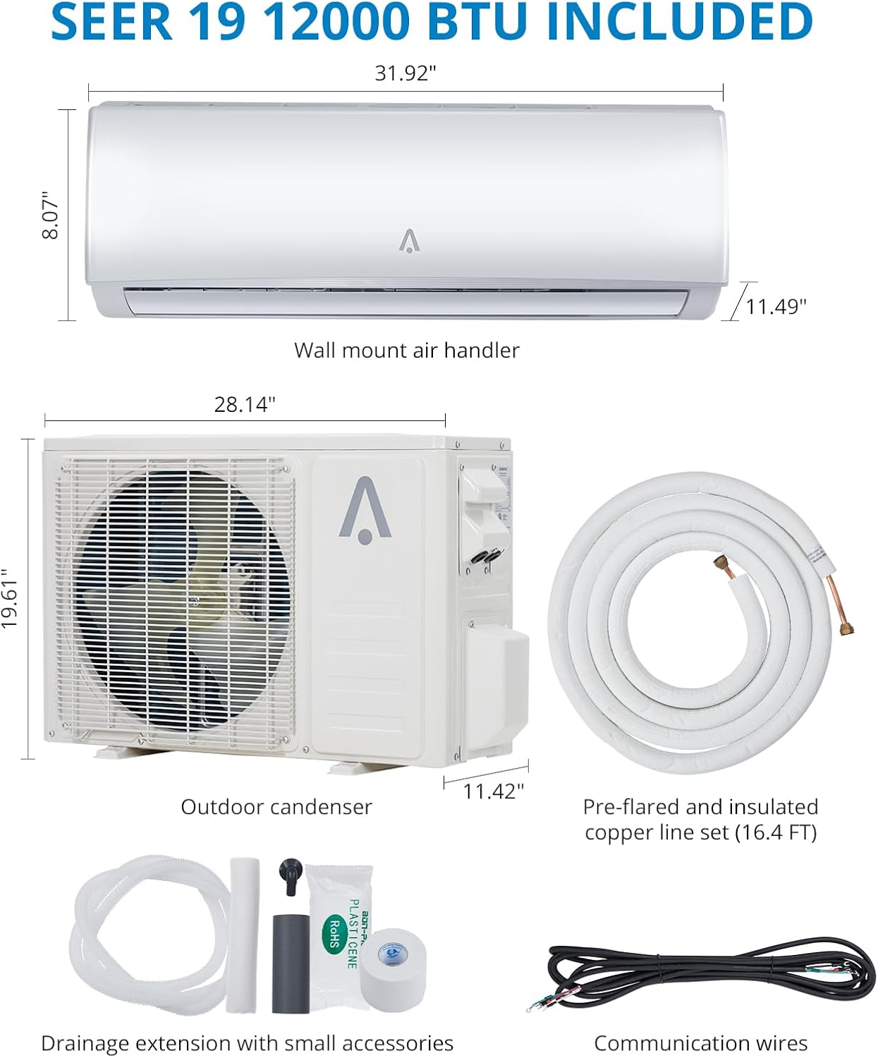 Mini aire acondicionado dividido de 12,000 BTU, 19 SEER2 de aire acondicionado montado en la pared con bomba de calor y kits de instalación,