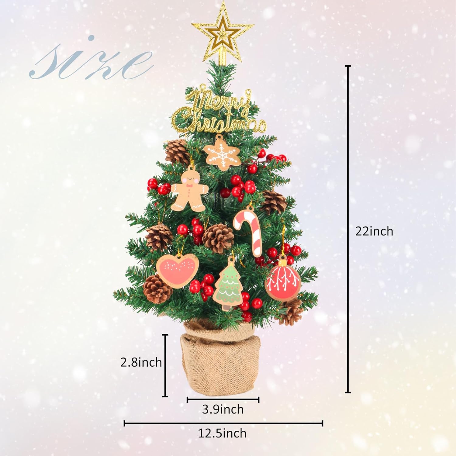 Mini árbol de Navidad artificial con luces, árboles de Navidad de mesa de 22 pulgadas, 65 puntas de rama, pequeños árboles de Navidad con adornos