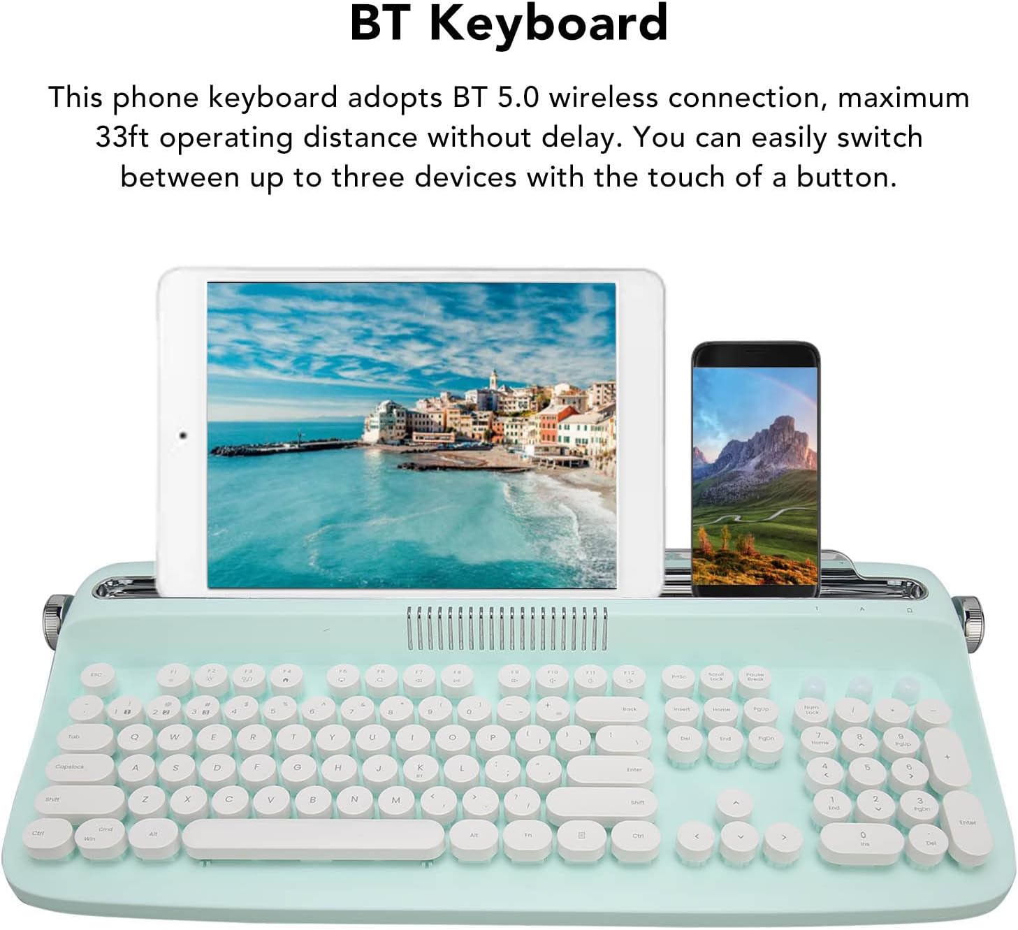 Teclado mecánico para juegos, teclado inalámbrico de máquina de escribir, teclado Bluetooth con soporte para teléfono, teclado redondo de 104