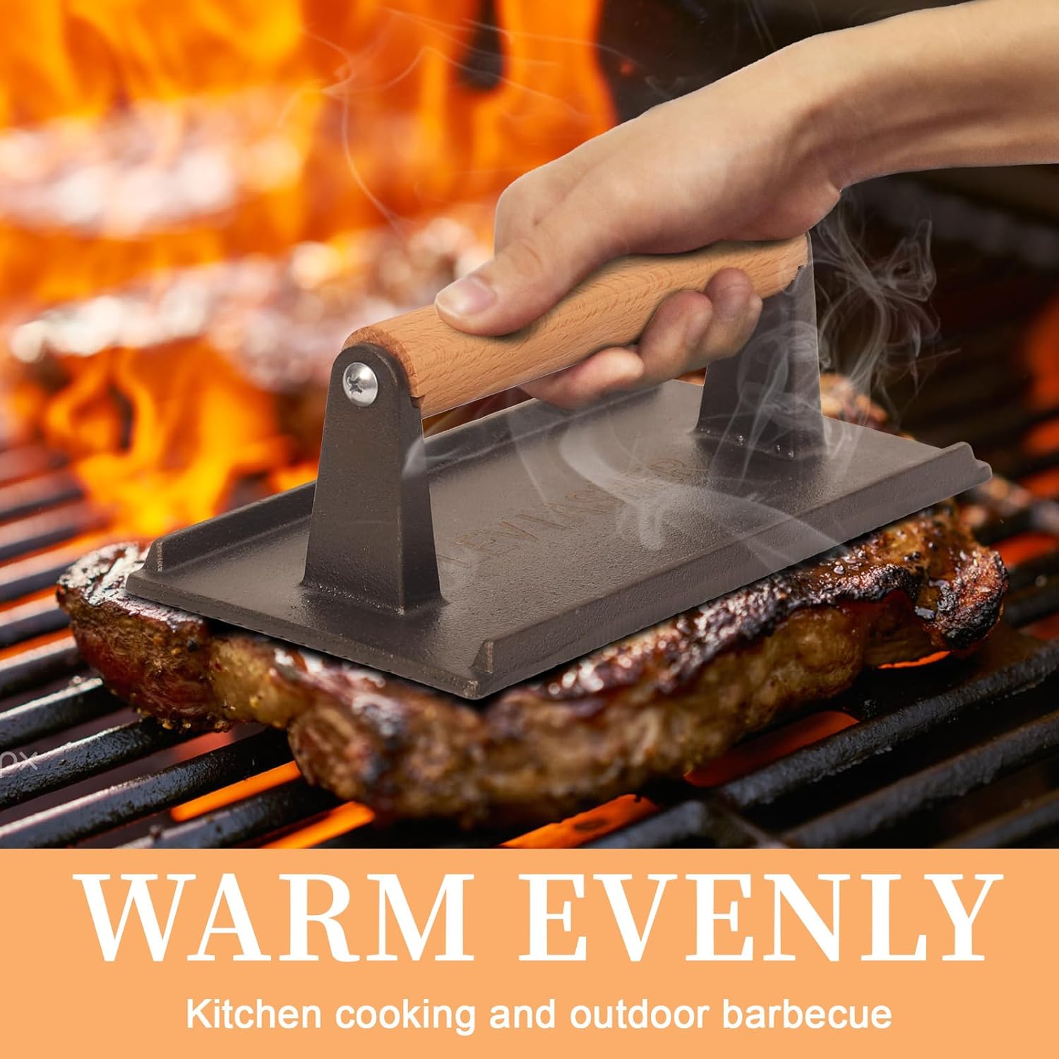 Prensa de parrilla de hierro fundido y plancha para carne y paninis, sándwiches, tocino y verduras, prensa rectangular para hamburguesas con mango