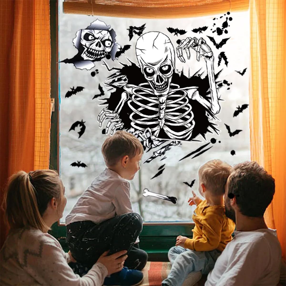 4 calcomanías de calavera de Halloween para ventana, calcomanías de pared de esqueleto de doble cara, extraíbles de Halloween, esqueleto de calavera