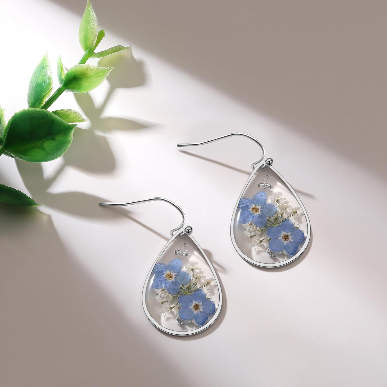Forget-Me-Not and Queen Anne’s Lace Pressed Wildflower Earrings  Silver Drop Dangle Earrings for Girls  Alaska State Flower Earrings  Personalized
