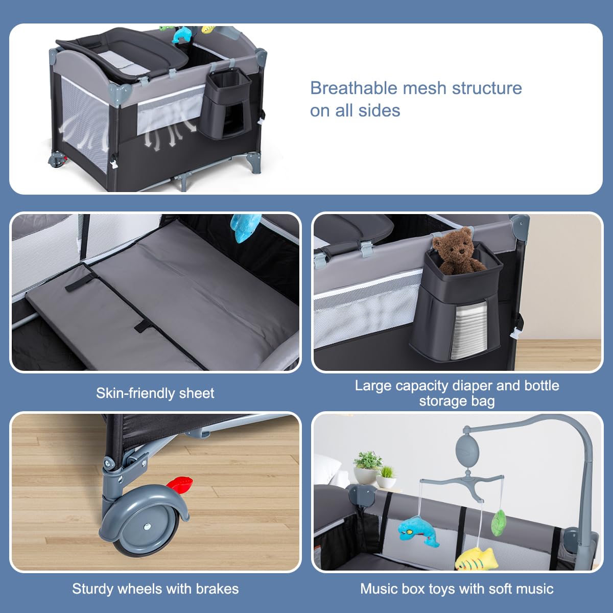 Paquete 5 en 1 de cuna para bebé, cuna de noche con juguetes y caja de música, colchón, patio plegable, corralito de juegos, cama de viaje, centro
