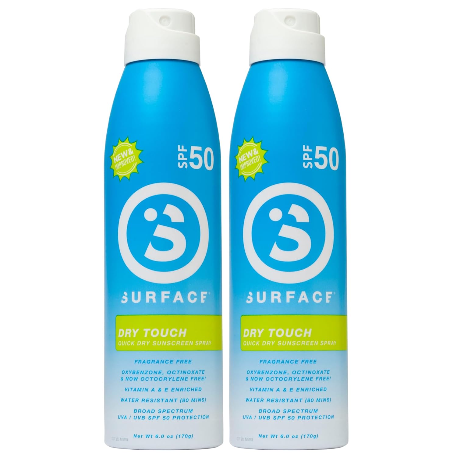 Protector solar en aerosol Surface Dry Touch, resistente al agua, amplio espectro UVAUVB, protección de secado rápido, libre de PABA, 6 onzas, SPF