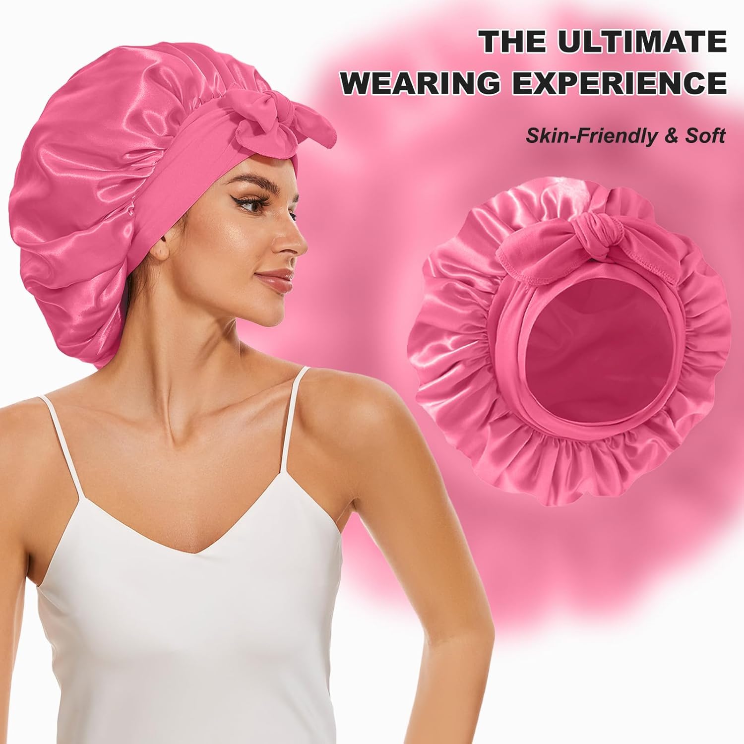 Gorro de satén grande de seda para dormir, gorro de satén de doble capa para mujer, gorro de ducha de cabello rizado natural