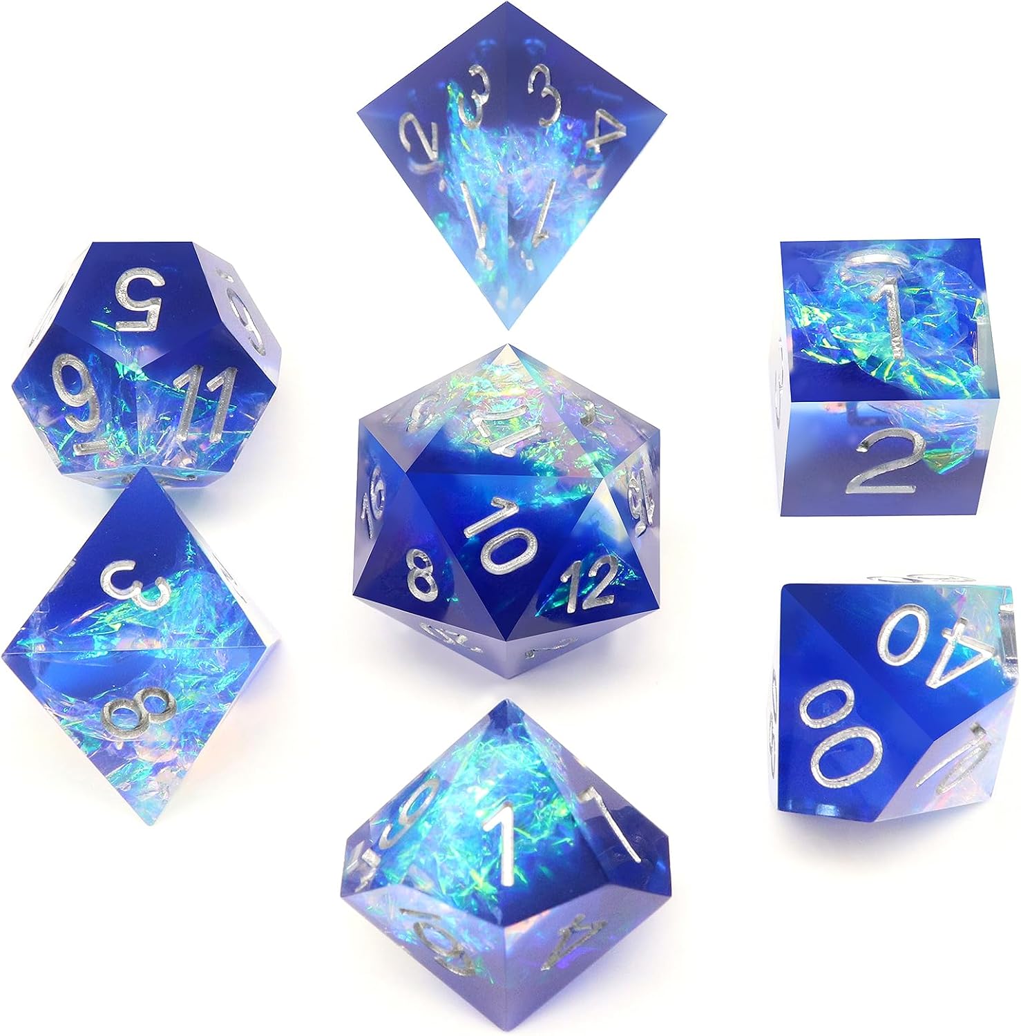 DND – Juego de dados con bordes afilados, 7 piezas de dados DND de resina transparente azul, dados poliédricos D&D con estuche de dados para juegos