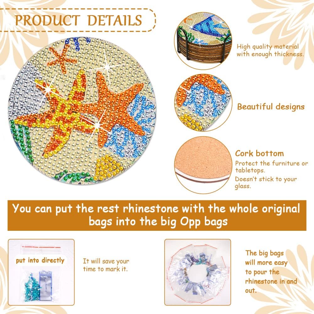 Juego de 8 posavasos de pintura de diamantes con soporte de base de corcho, tema de playa, playa, mar, vida costera, kit de pintura de diamantes