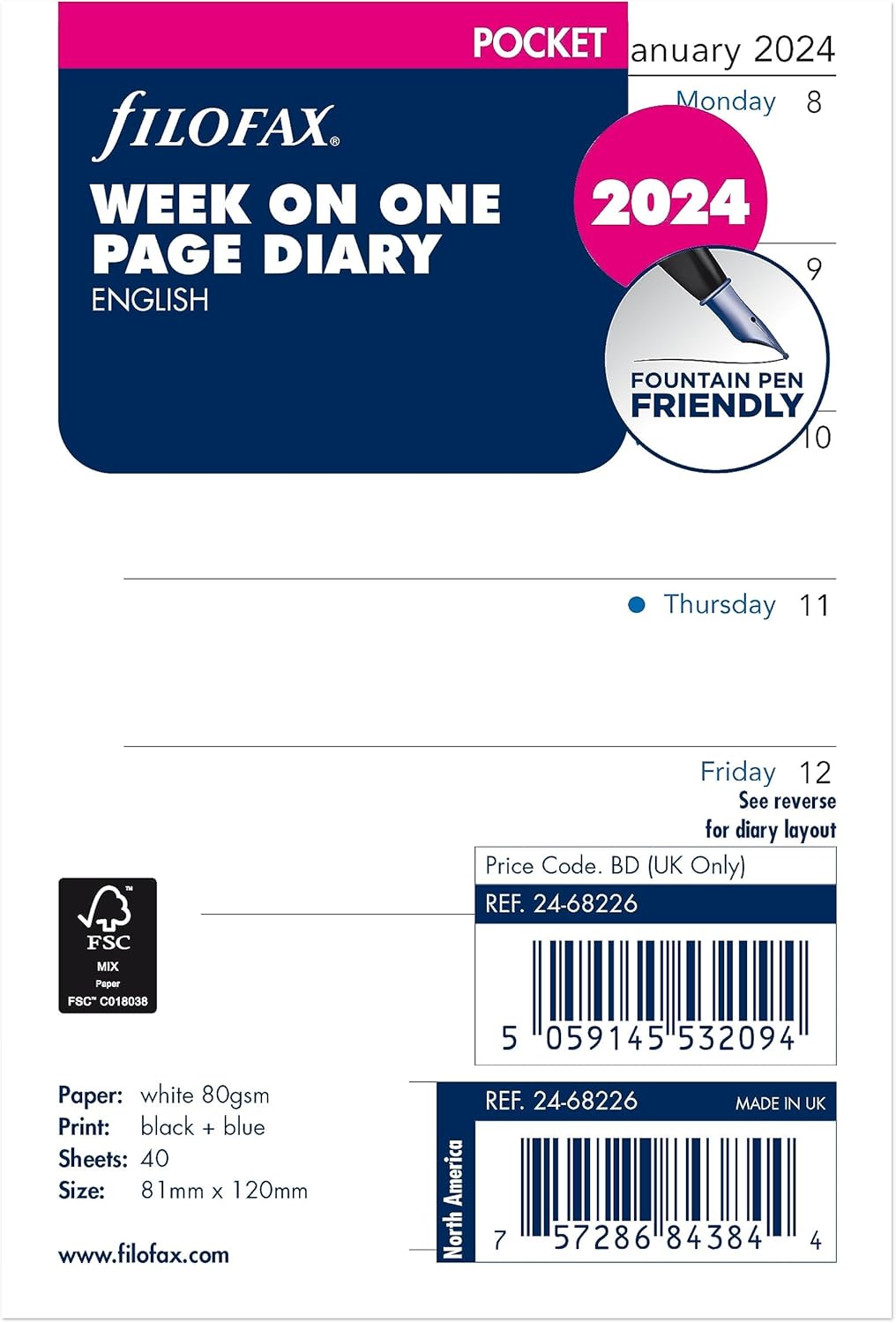 Filofax Recambio de diario de calendario, tamaño de bolsillo, semana en una página, papel blanco, sin rayas, inglés, 2024 (C68226-24)
