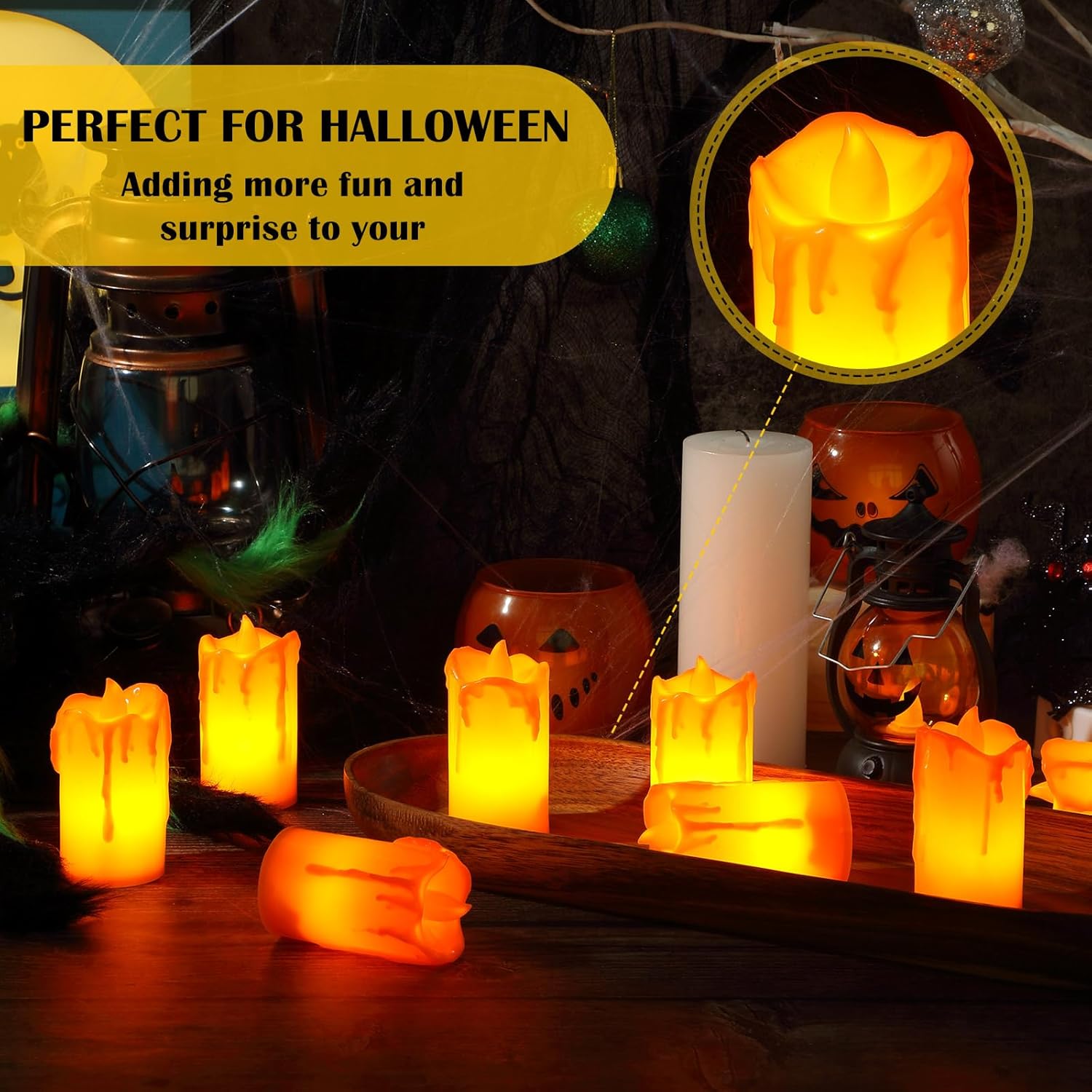 Paquete de 24 velas de té de Halloween, velas votivas sin llama derretidas sin llama, velas de té automáticas que funcionan con pilas, velas