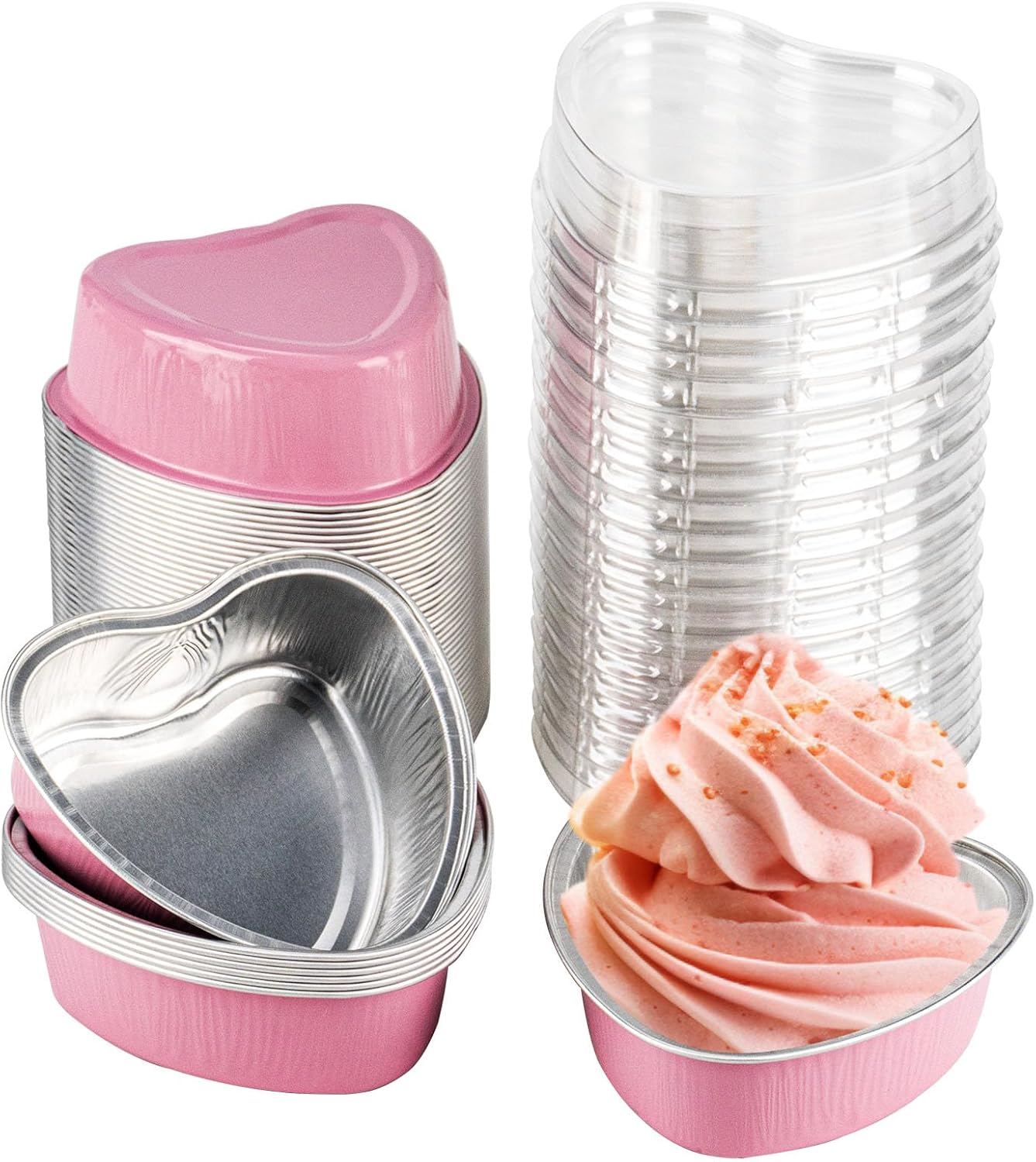 50PCS Heart Shaped Cake Pans with Lids, 3.4 Ounces 100 ml, Aluminum Foil Mini Disposable Heart Cupcake Pans for Valentine’s Day Wedding Parties –