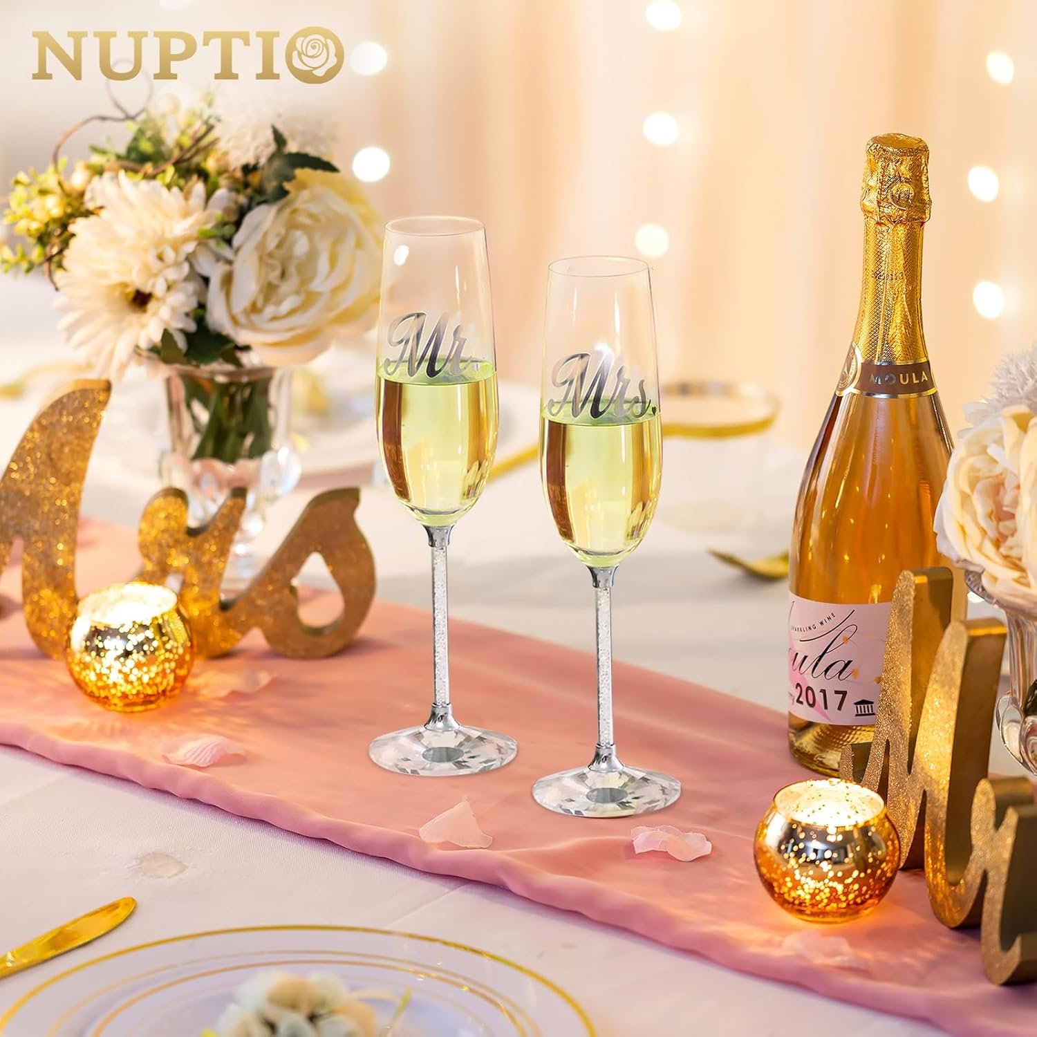 NUPTIO Copas de champán de cristal juego de 2 copas de champán de boda con caja de regalo de madera, flauta de brindis de Mr & Mrs para novia,