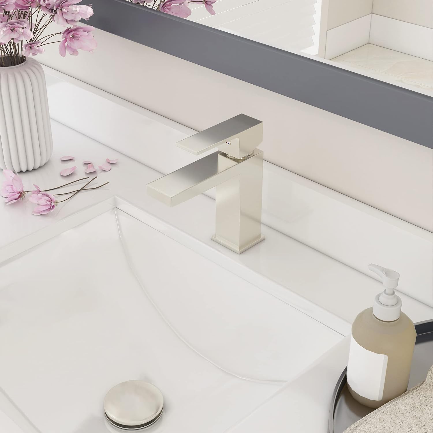 AF30101BN2 – Grifo de baño de latón en níquel cepillado, resistente a la corrosión, grifo moderno para fregadero de baño con líneas de suministro de