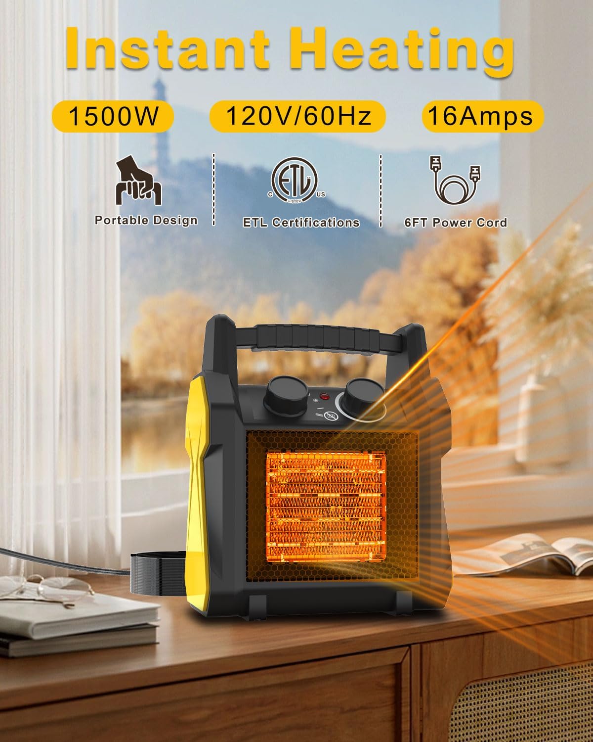 Calentadores para exteriores para patio, calentador eléctrico portátil de garaje de 1500 W con protección contra vuelcos, protección contra