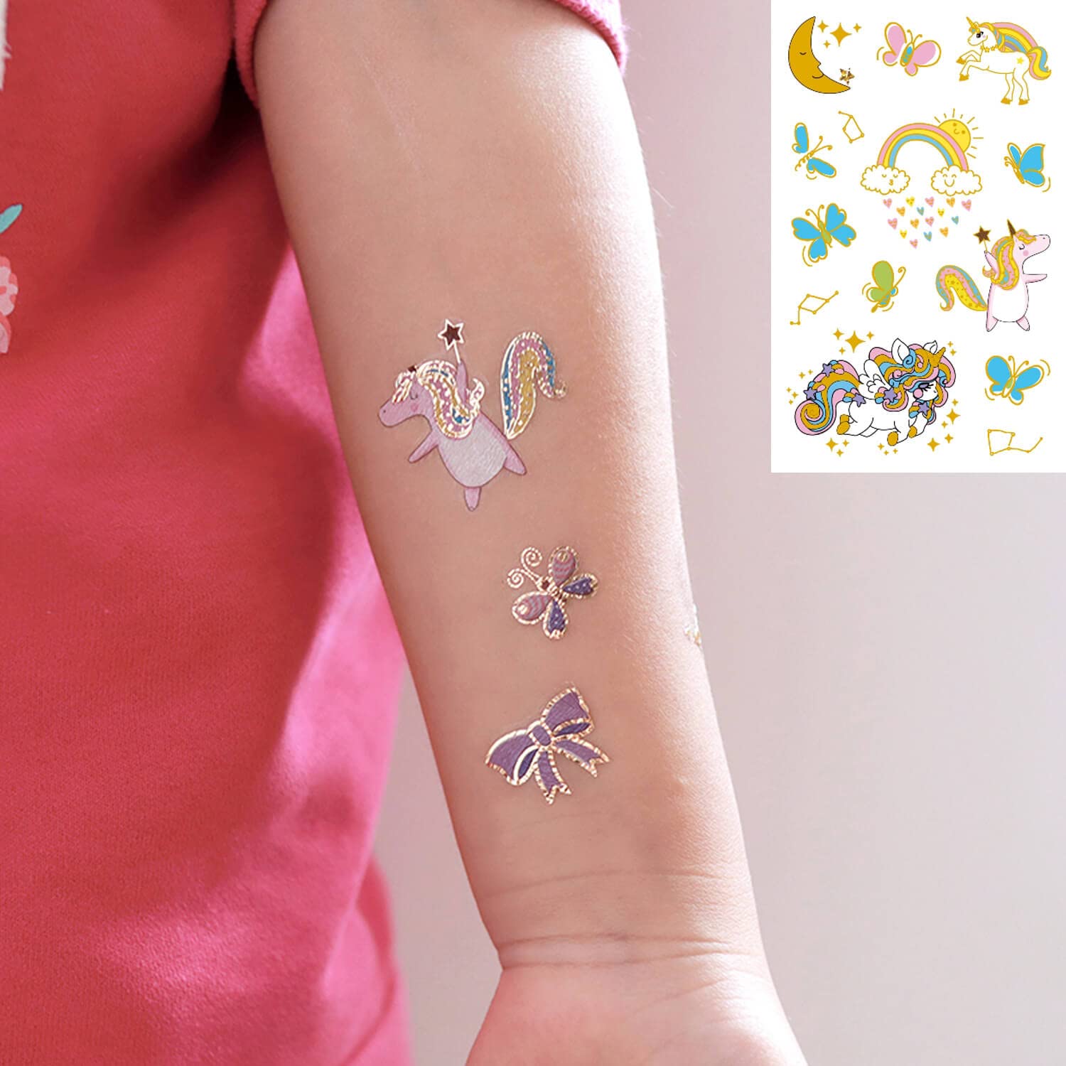 Yarlilyan 60+ Tatuajes de unicornio metálico dorado colorido de dibujos animados para recuerdo de fiesta de cumpleaños, calcomanía de tatuaje