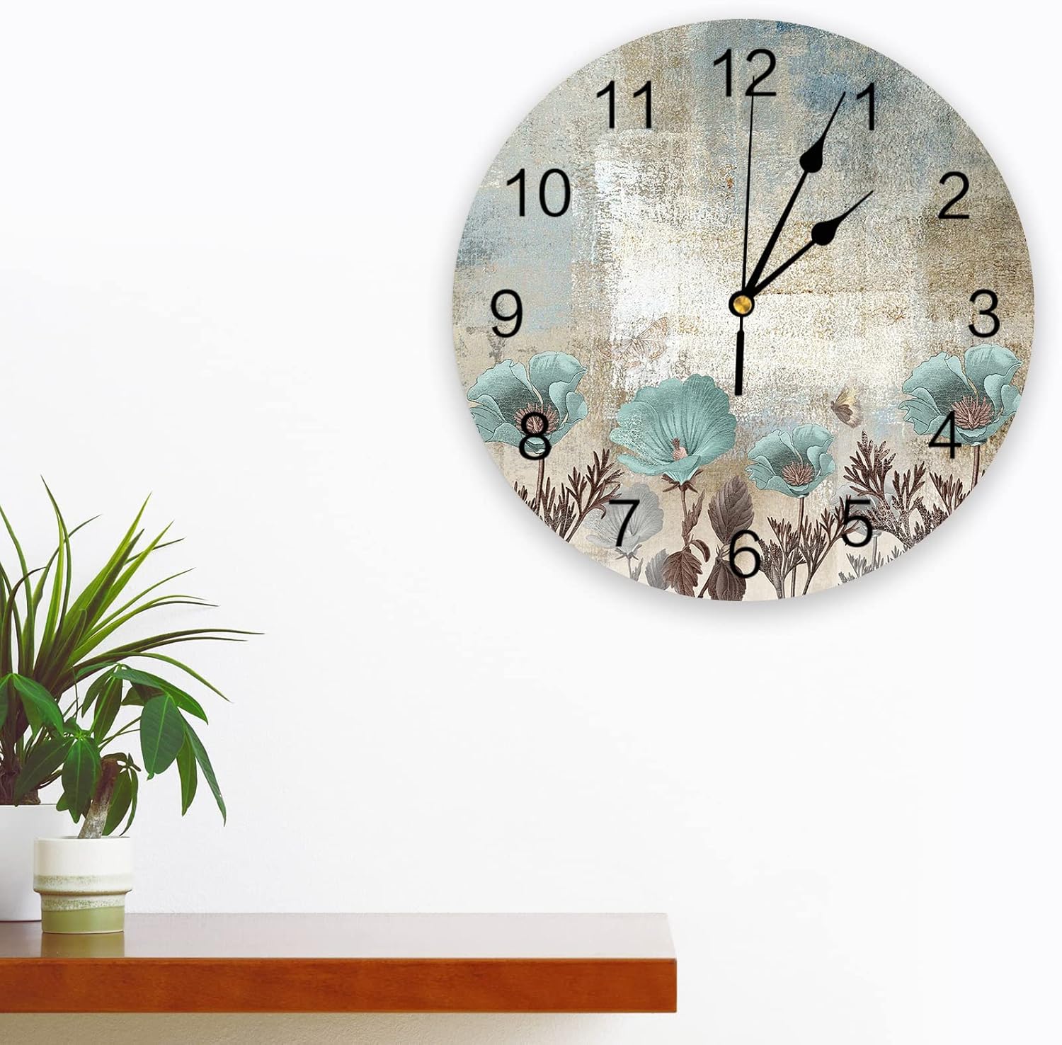 12 Inch Wall Clock Non-Ticking Silent Battery Operated Abstract Art Vintage Texture Teal Flowers Round PVC Wall Clock Decorative for