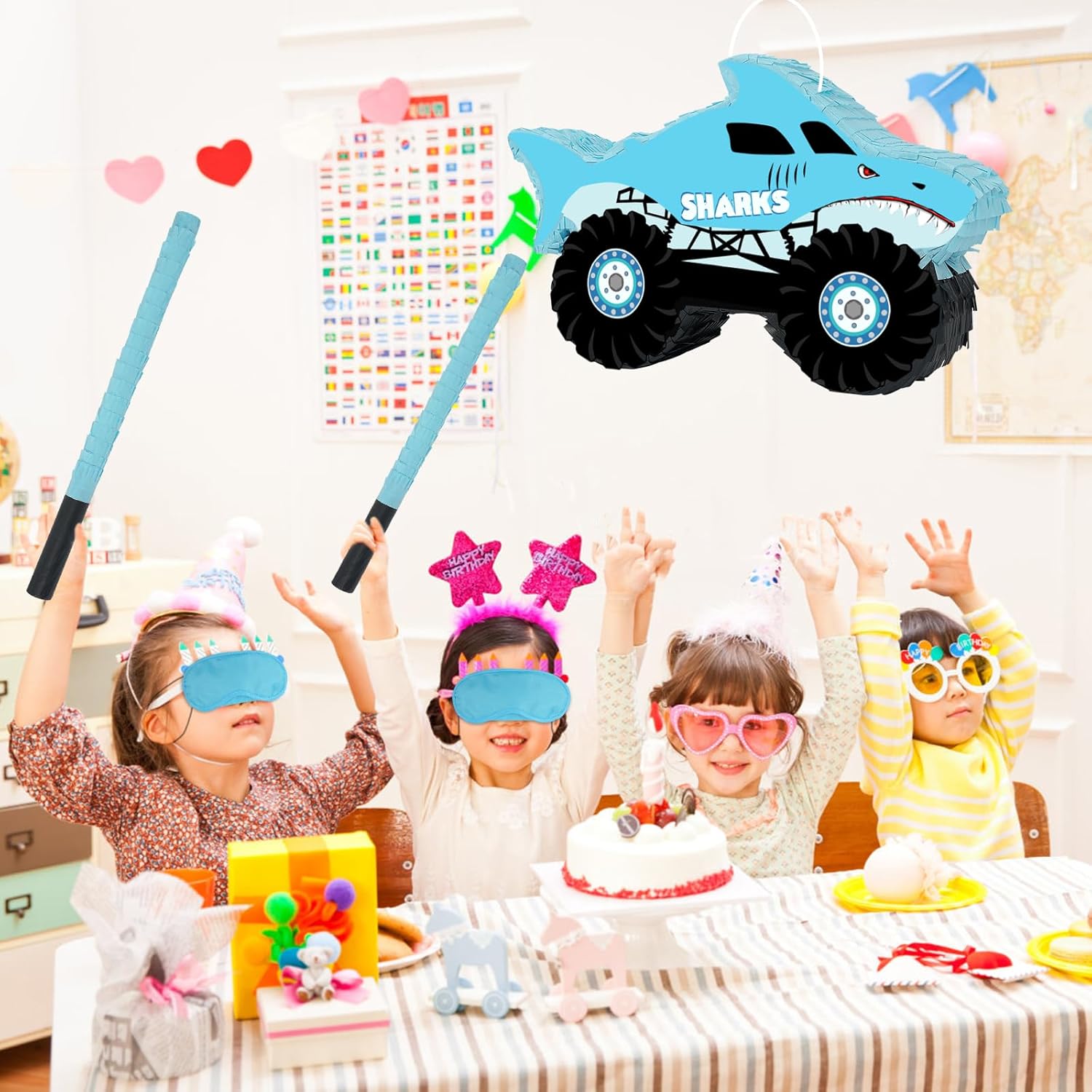 Piñata de camión de tiburón, piñata de camión monstruo con venda y murciélago para niños, decoración de juegos de fiesta de cumpleaños temática de