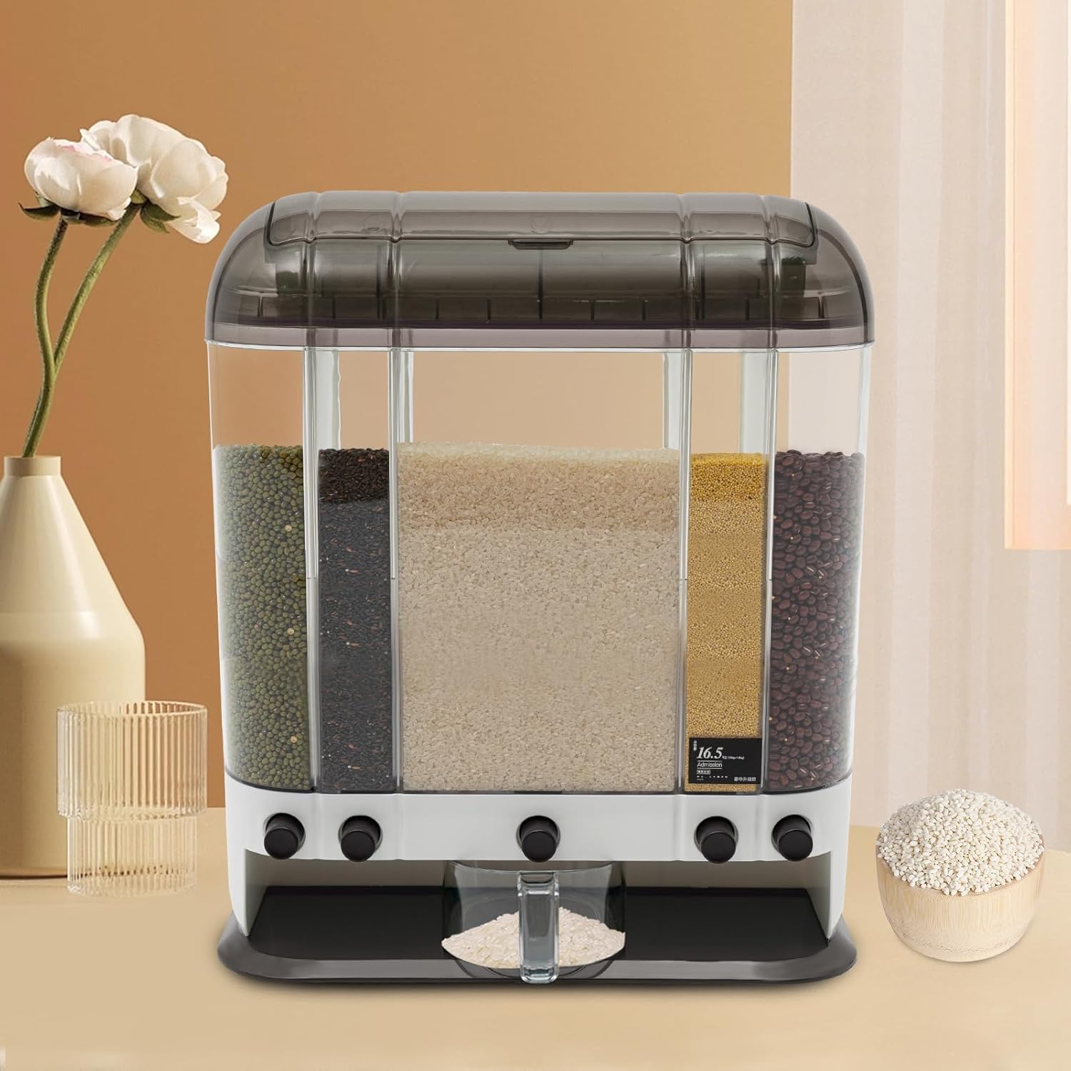 Dispensador de granos de 5 rejillas de almacenamiento de arroz con taza para cocina, dispensador de cereales de arroz y granos (marrón)