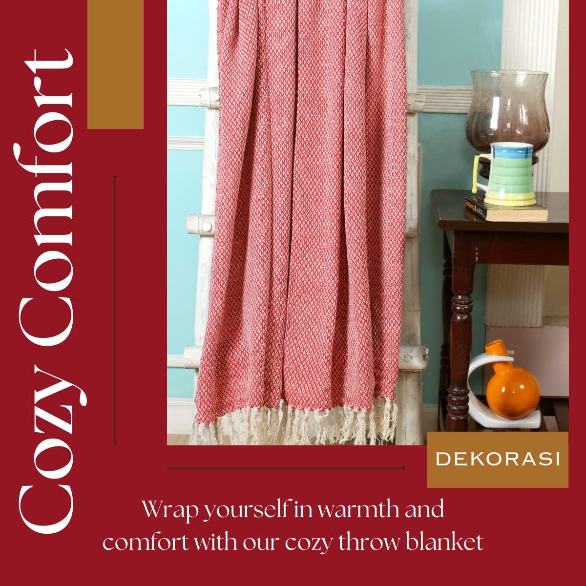 DEKORASI 100% Cotton Diamond Pattern Eco-Friendly Organic Throw Blanket for Couch with Fringes – Red & White  Cozy Lightweight Accent for Couch,