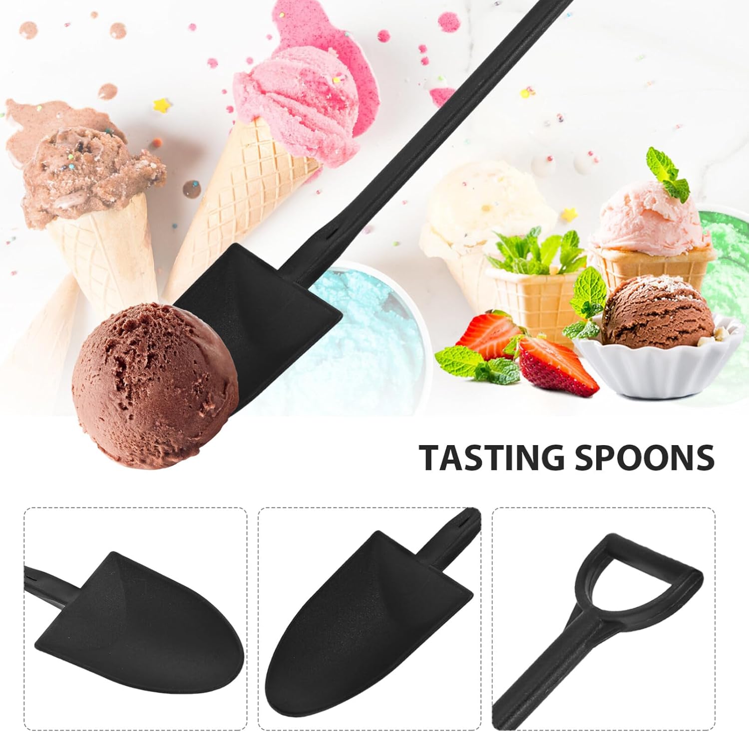 KALLORY 50 cucharas desechables de pala, cucharas de helado, mini postres de plástico, pala, pudín, cucharas de yogur, cucharas de degustación para