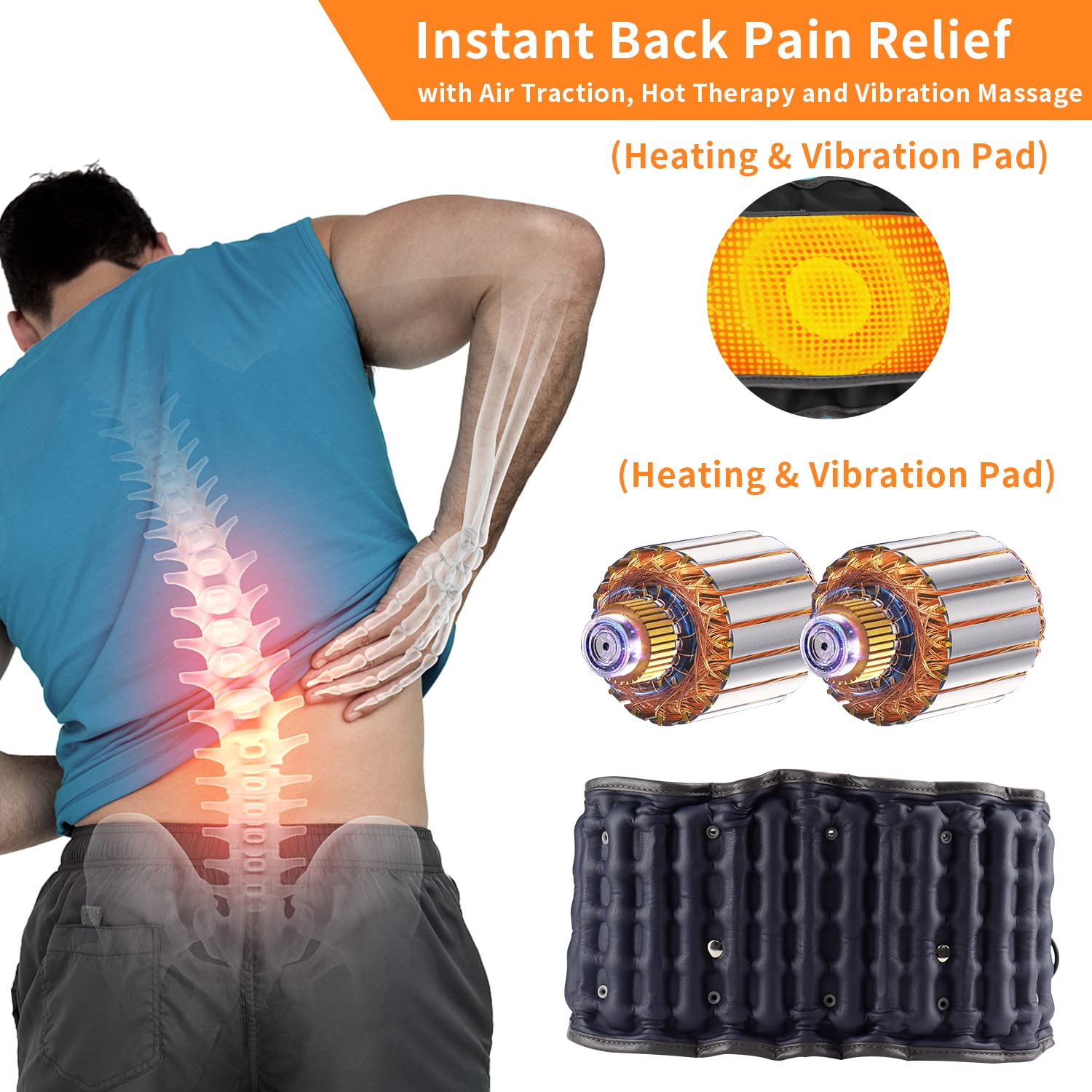 HONGJING Cinturón de espalda de descompresión con calor y masaje, cinturón de soporte lumbar para alivio inmediato del dolor de espalda baja,