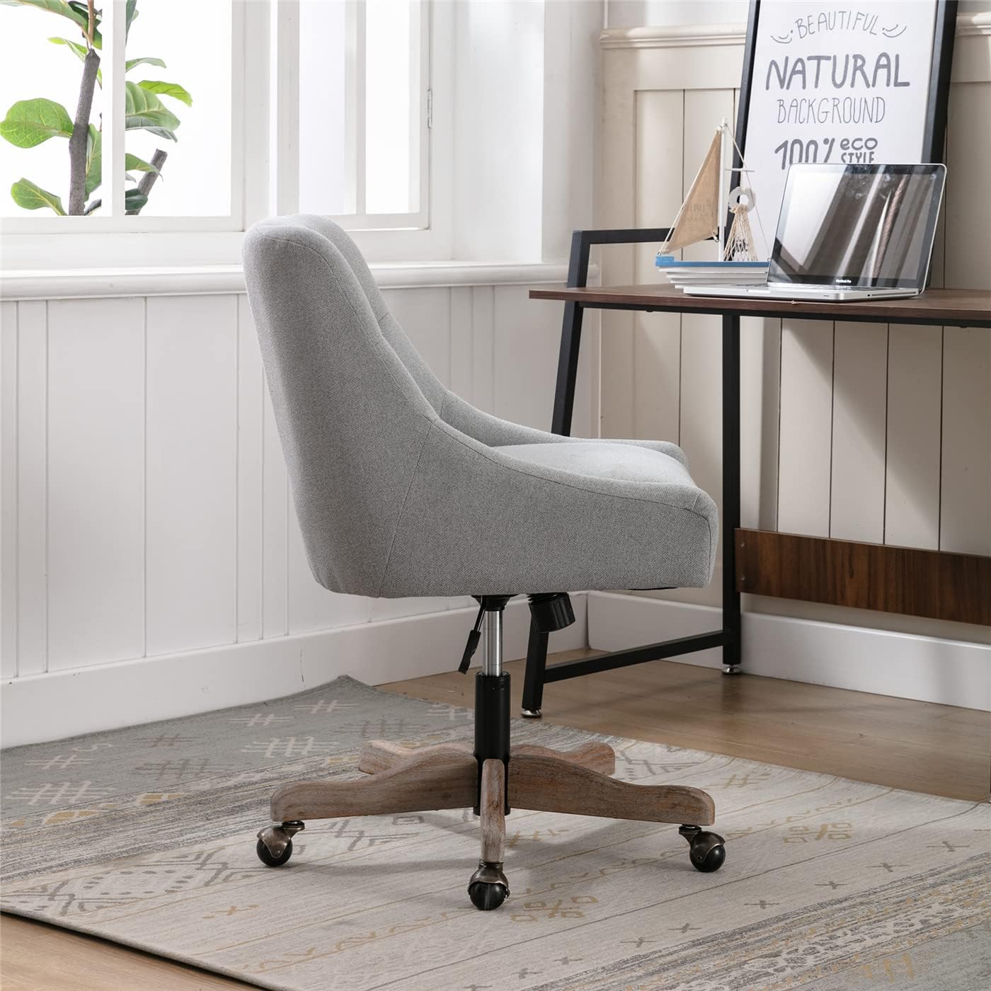 TURRIDU Silla de oficina giratoria, moderna silla giratoria tapizada de lino copetudo con base de madera y ruedas, silla de trabajo ajustable en