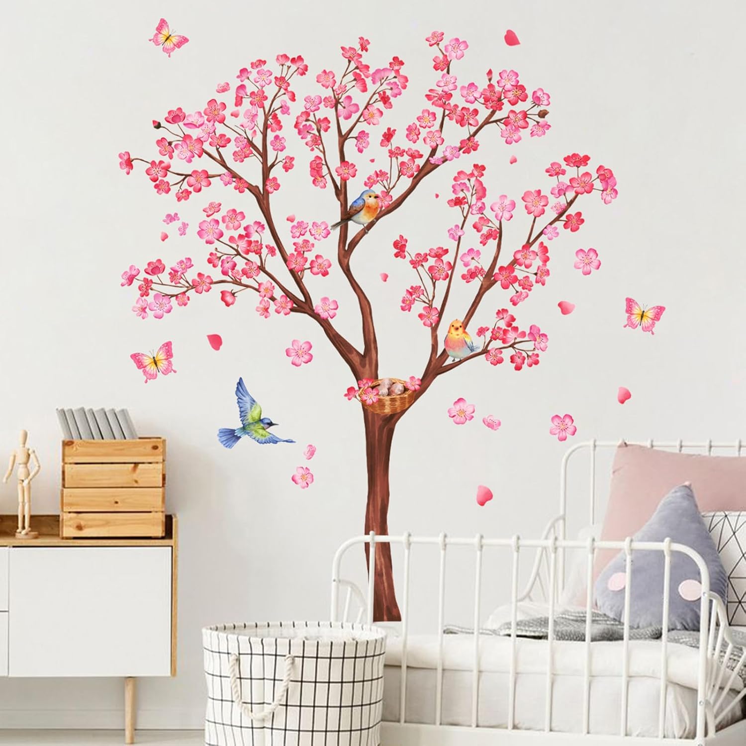 Calcomanías de pared de árbol de flores rosadas, calcomanías de pared de pájaros en ramas, decoración de pared de flores rosas para dormitorio, sala