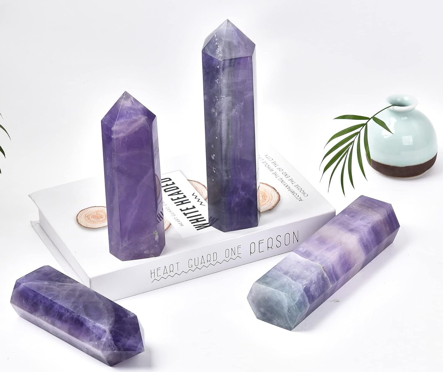 AMOYSTONE Torres de obelisco de cristal curativo grande, varita de punto de fluorita violeta púrpura para decoración del hogar, curación de reiki,