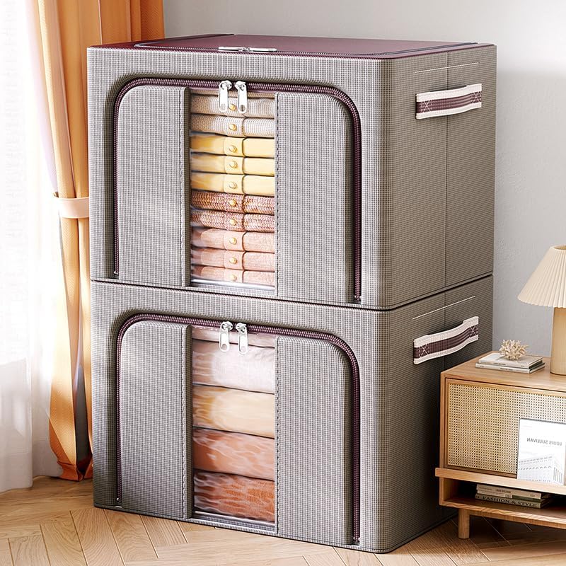 Metacrafts Caja organizadora de tela apilable y plegable, paquete de 2, contenedores de tela de gran capacidad con interior dividido, marco de metal