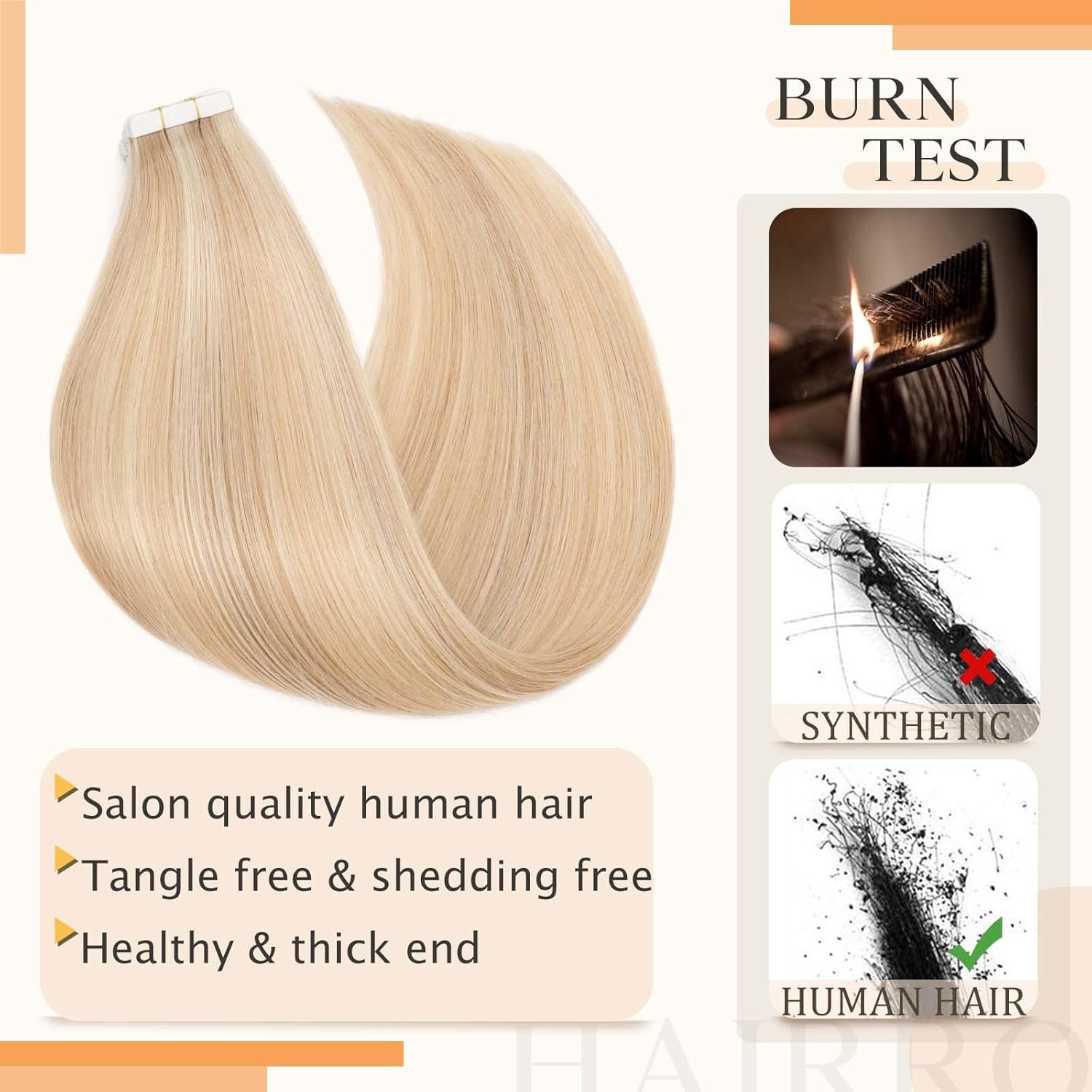 Hairro Extensiones de cabello humano con cinta adhesiva de trama de piel real de doble cara, extensiones de cabello rubio balayge, 12 pulgadas, 1.06