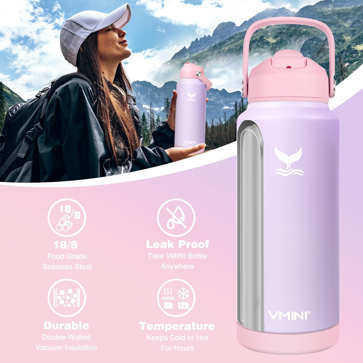 Botella de agua, botella de agua aislada con popote y bota, botella de agua de acero inoxidable para deportes y viajes, termo aislado para hombres,