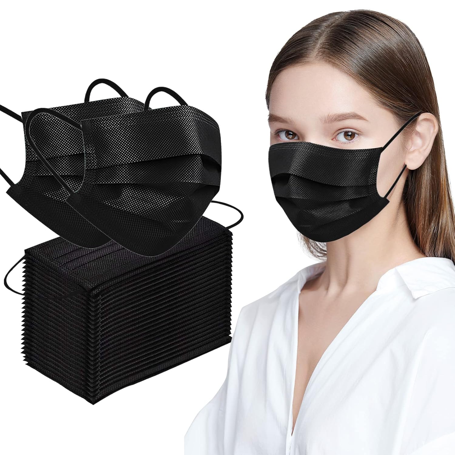 100 máscaras faciales desechables negras con lazo elástico para las orejas, transpirabilidad y comodidad
