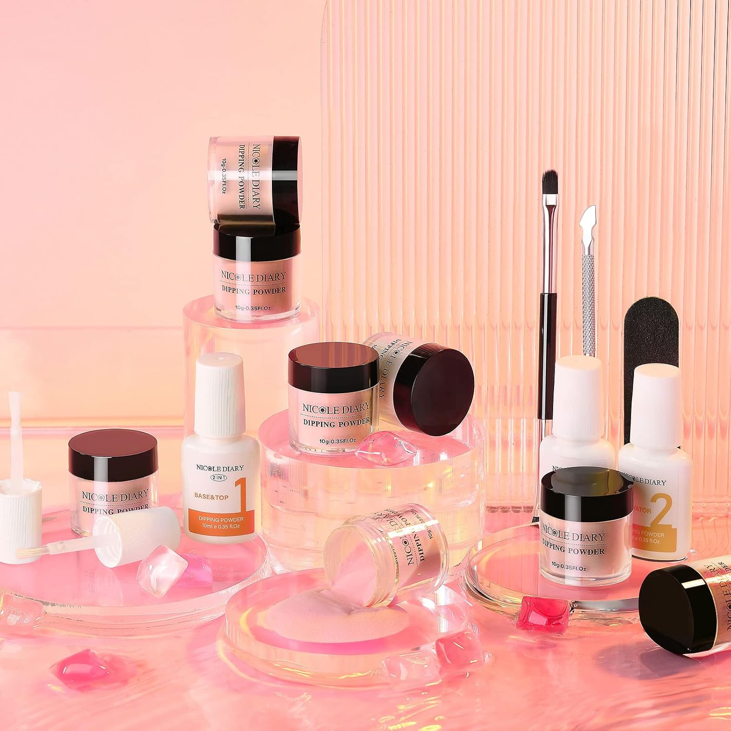 NICOLE DIARY – Kit de iniciación de polvo de inmersión para uñas de inmersión en 8 colores, color rosa nude transparente, con polvo de inmersión