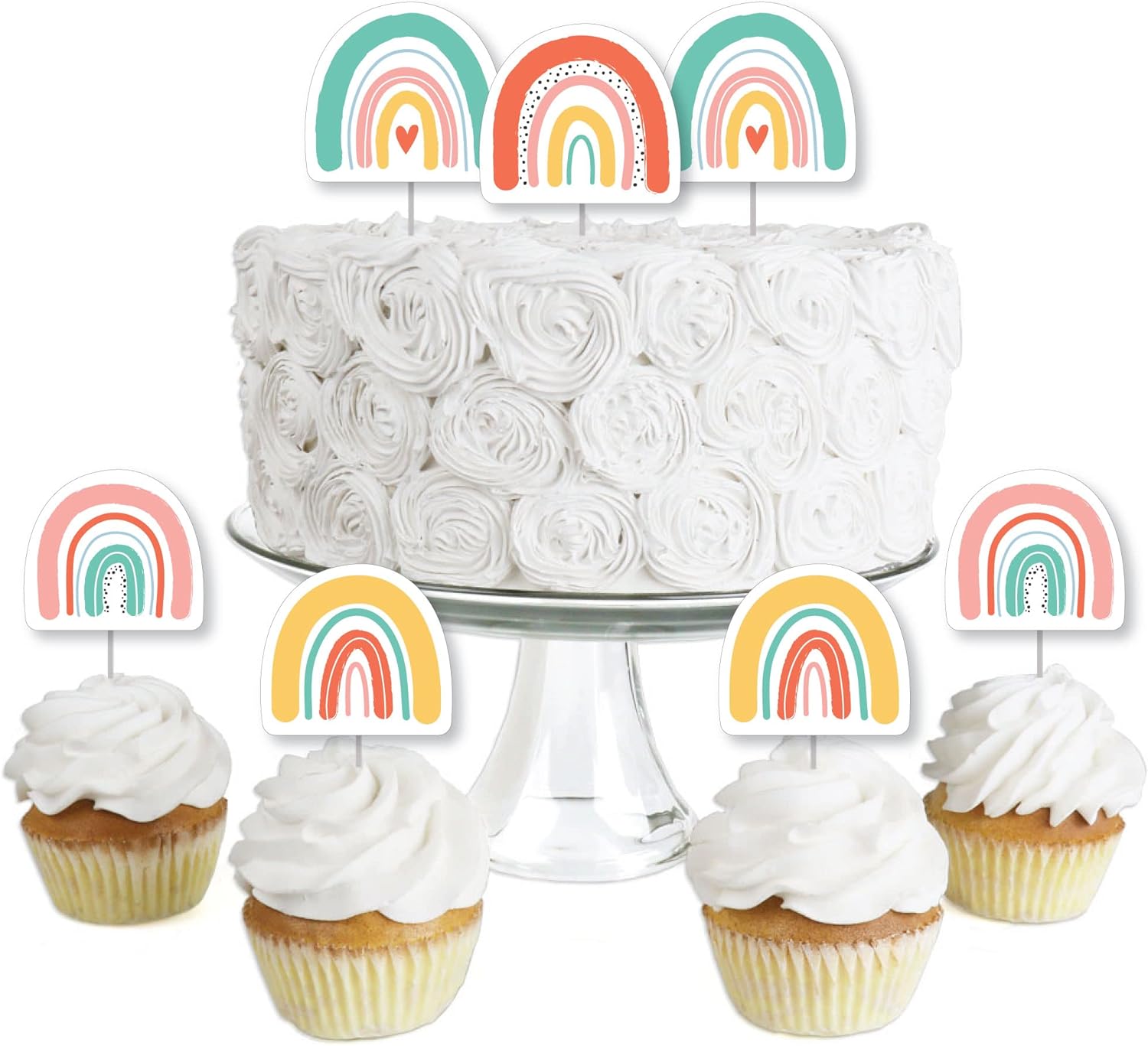 Big Dot of Happiness Hello Rainbow – Juego de 24 adornos para cupcakes de postre y baby shower y fiesta de cumpleaños